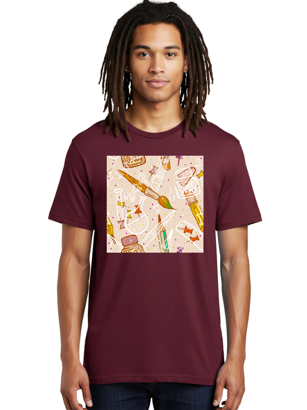 Art-And-Science Men'S Graphic Tee, 100% Cotton, Comfortable Casual Summer Wear, Machine Washable, Science And Art Supplies, Beakers, Test Tubes, Paintbrushes, Pencils, Creative Tools, Artistic Expression, Scientific Experimentation, Aac378