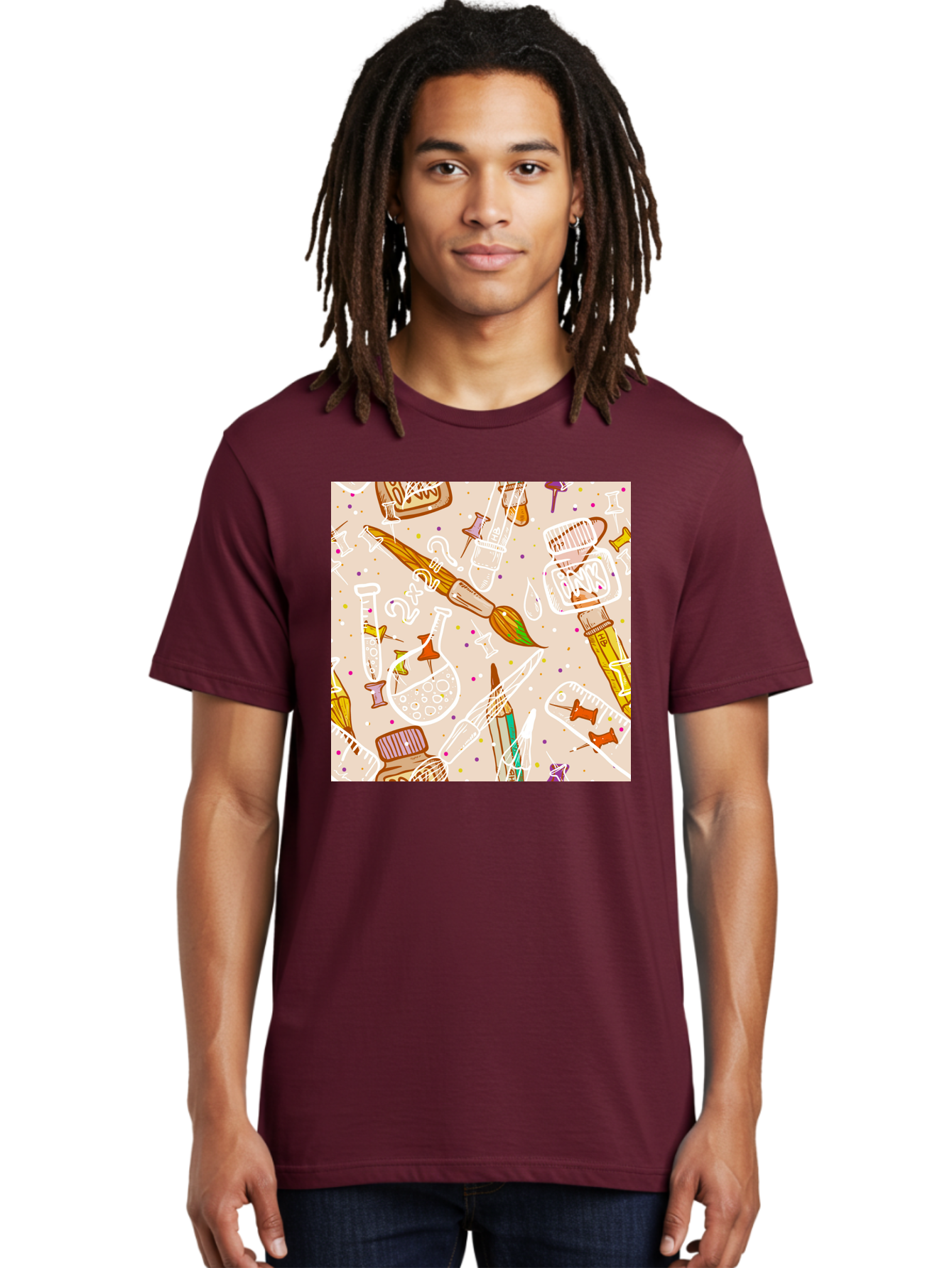 Art-And-Science Men'S Graphic Tee, 100% Cotton, Comfortable Casual Summer Wear, Machine Washable, Science And Art Supplies, Beakers, Test Tubes, Paintbrushes, Pencils, Creative Tools, Artistic Expression, Scientific Experimentation, Aac378