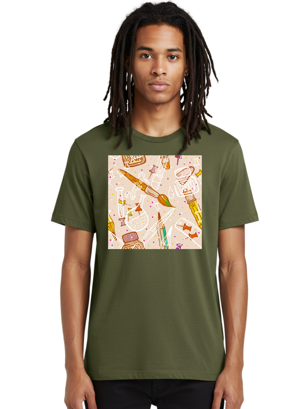 Art-And-Science Men'S Graphic Tee, 100% Cotton, Comfortable Casual Summer Wear, Machine Washable, Science And Art Supplies, Beakers, Test Tubes, Paintbrushes, Pencils, Creative Tools, Artistic Expression, Scientific Experimentation, Aac378