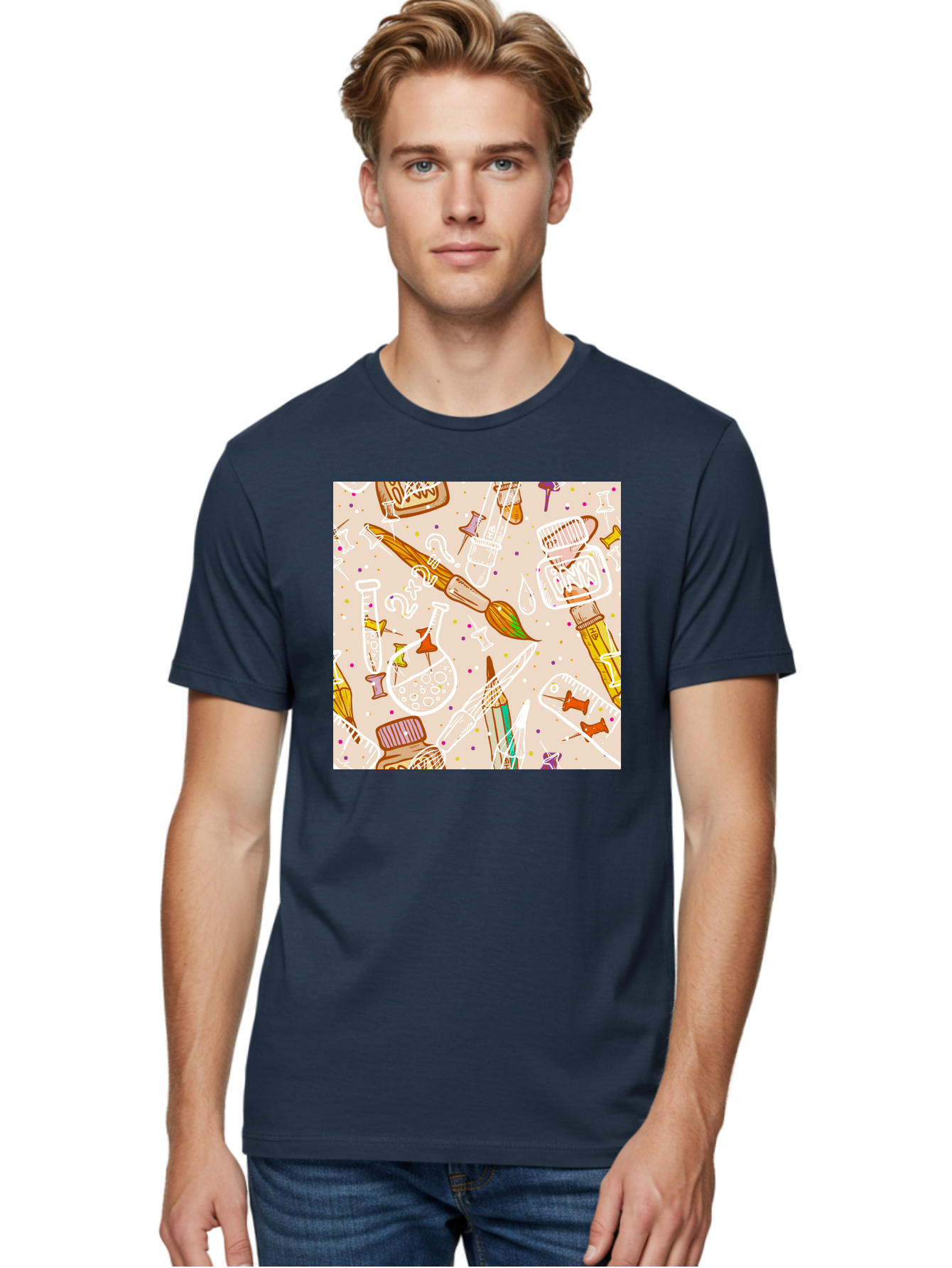 Art-And-Science Men'S Graphic Tee, 100% Cotton, Comfortable Casual Summer Wear, Machine Washable, Science And Art Supplies, Beakers, Test Tubes, Paintbrushes, Pencils, Creative Tools, Artistic Expression, Scientific Experimentation, Aac378