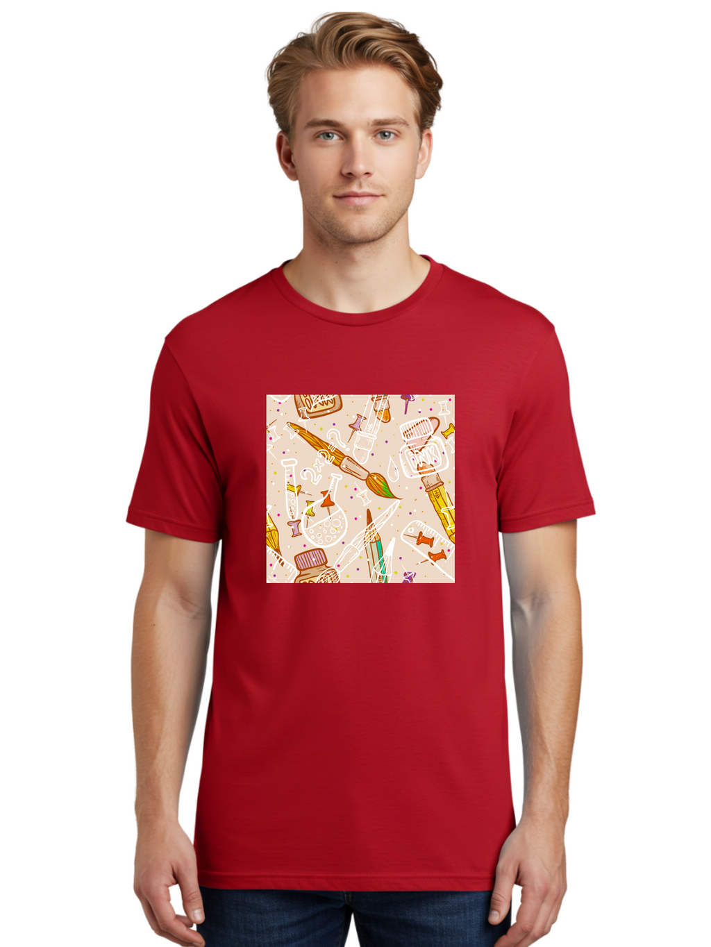 Art-And-Science Men'S Graphic Tee, 100% Cotton, Comfortable Casual Summer Wear, Machine Washable, Science And Art Supplies, Beakers, Test Tubes, Paintbrushes, Pencils, Creative Tools, Artistic Expression, Scientific Experimentation, Aac378