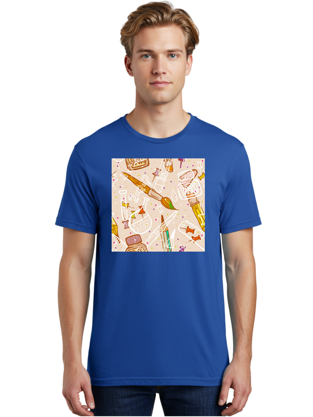 Art-And-Science Men'S Graphic Tee, 100% Cotton, Comfortable Casual Summer Wear, Machine Washable, Science And Art Supplies, Beakers, Test Tubes, Paintbrushes, Pencils, Creative Tools, Artistic Expression, Scientific Experimentation, Aac378