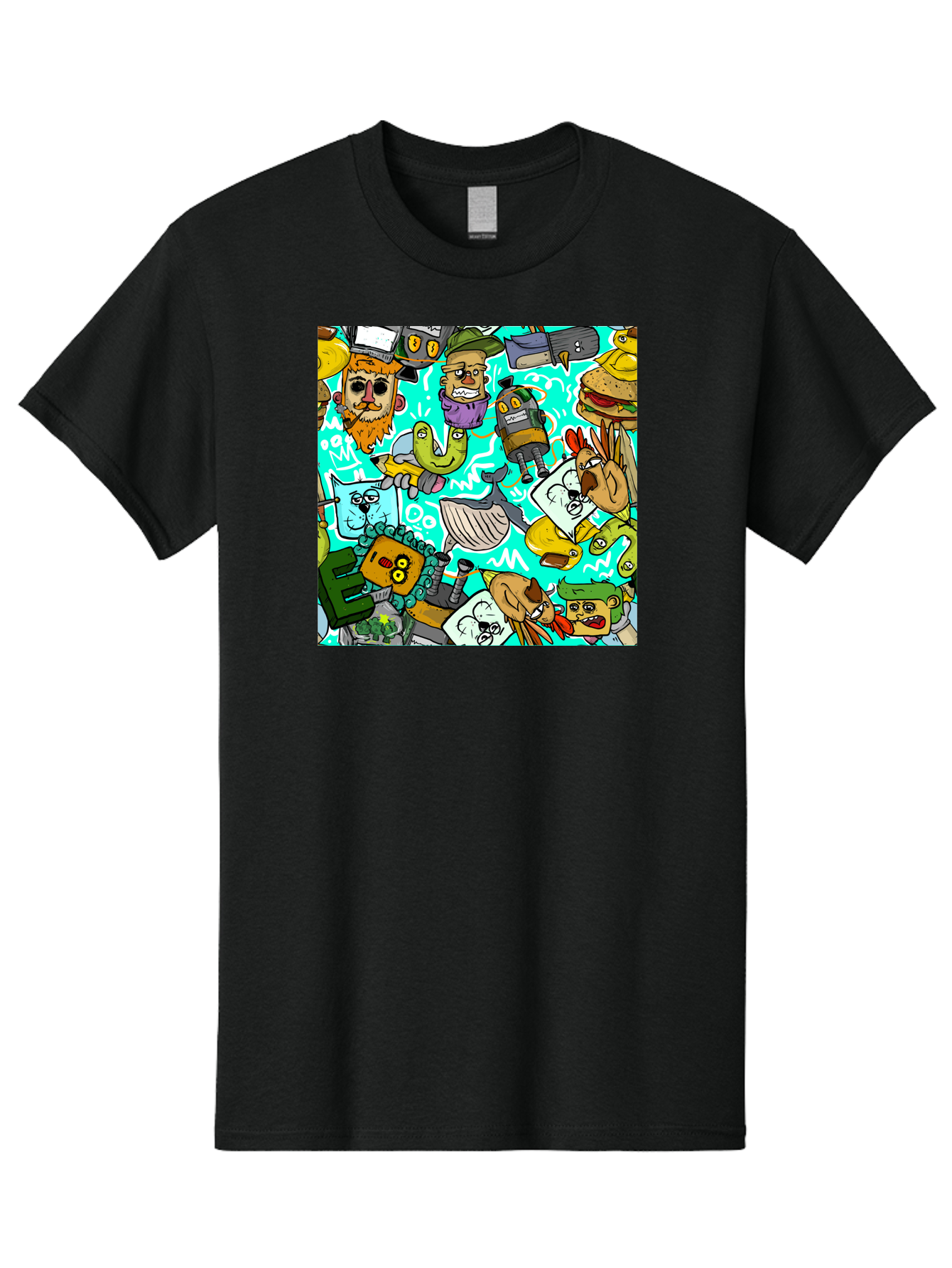 Cartoon-Characters Men'S Graphic Tee, 100% Cotton, Comfortable Casual Summer Wear, Machine Washable, Cartoon Robots, Doodle Art, Animal Characters, Quirky Illustrations, Robots And Animals Together, Digital Art, Eclectic, Creative, Aac380