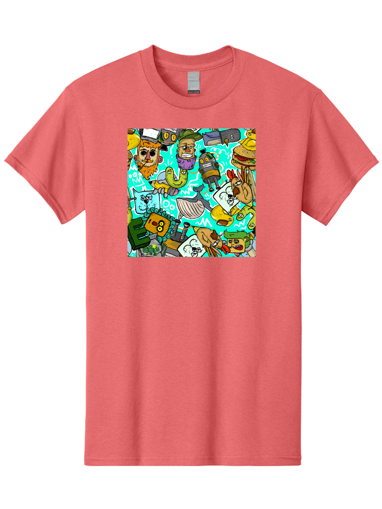 Cartoon-Characters Men'S Graphic Tee, 100% Cotton, Comfortable Casual Summer Wear, Machine Washable, Cartoon Robots, Doodle Art, Animal Characters, Quirky Illustrations, Robots And Animals Together, Digital Art, Eclectic, Creative, Aac380