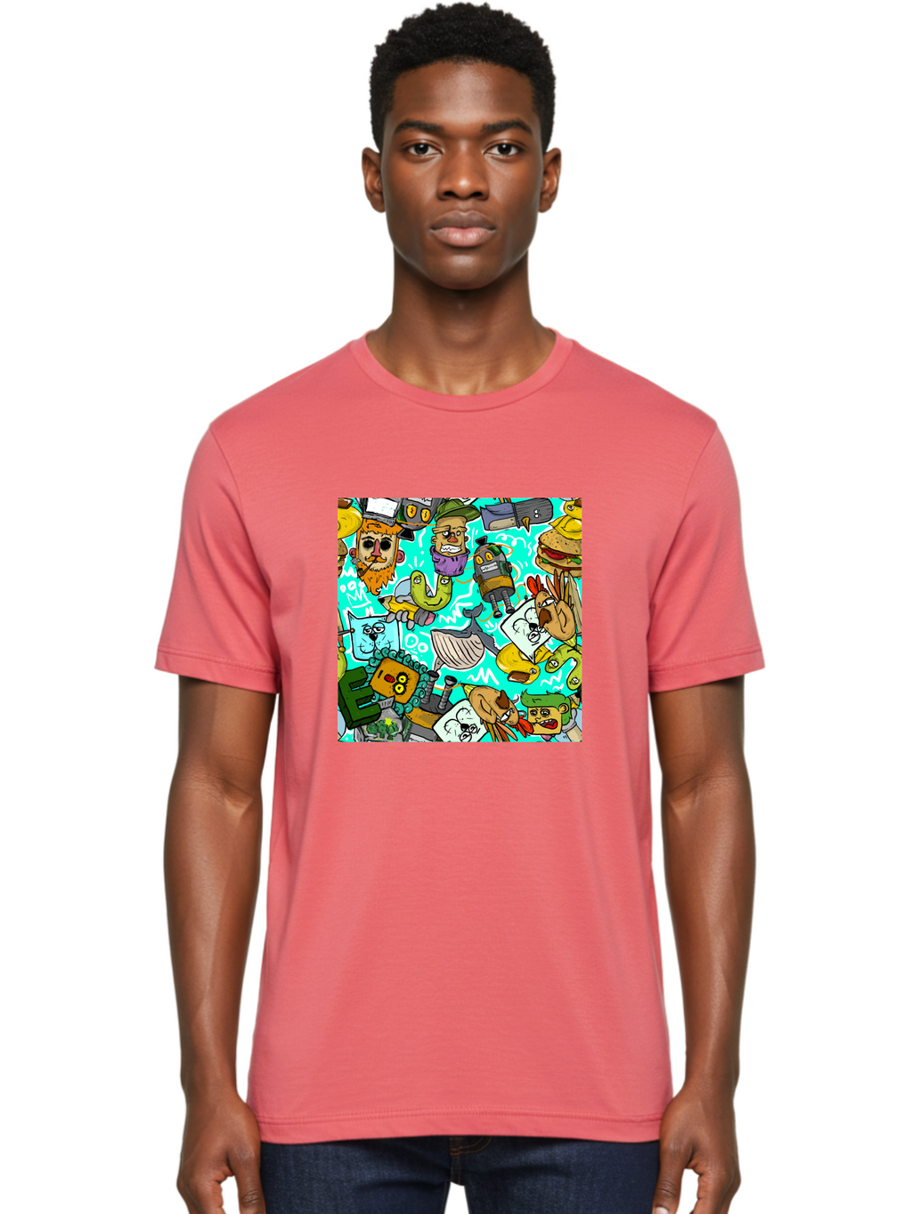 Cartoon-Characters Men'S Graphic Tee, 100% Cotton, Comfortable Casual Summer Wear, Machine Washable, Cartoon Robots, Doodle Art, Animal Characters, Quirky Illustrations, Robots And Animals Together, Digital Art, Eclectic, Creative, Aac380