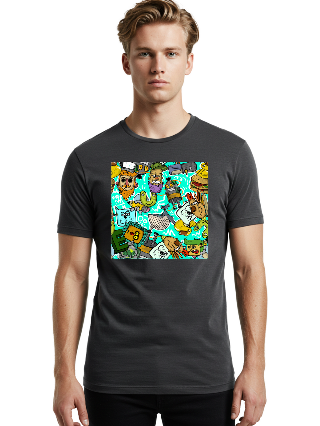 Cartoon-Characters Men'S Graphic Tee, 100% Cotton, Comfortable Casual Summer Wear, Machine Washable, Cartoon Robots, Doodle Art, Animal Characters, Quirky Illustrations, Robots And Animals Together, Digital Art, Eclectic, Creative, Aac380