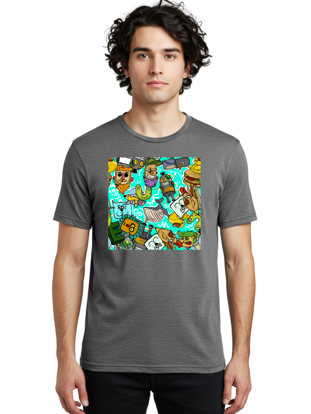 Cartoon-Characters Men'S Graphic Tee, 100% Cotton, Comfortable Casual Summer Wear, Machine Washable, Cartoon Robots, Doodle Art, Animal Characters, Quirky Illustrations, Robots And Animals Together, Digital Art, Eclectic, Creative, Aac380