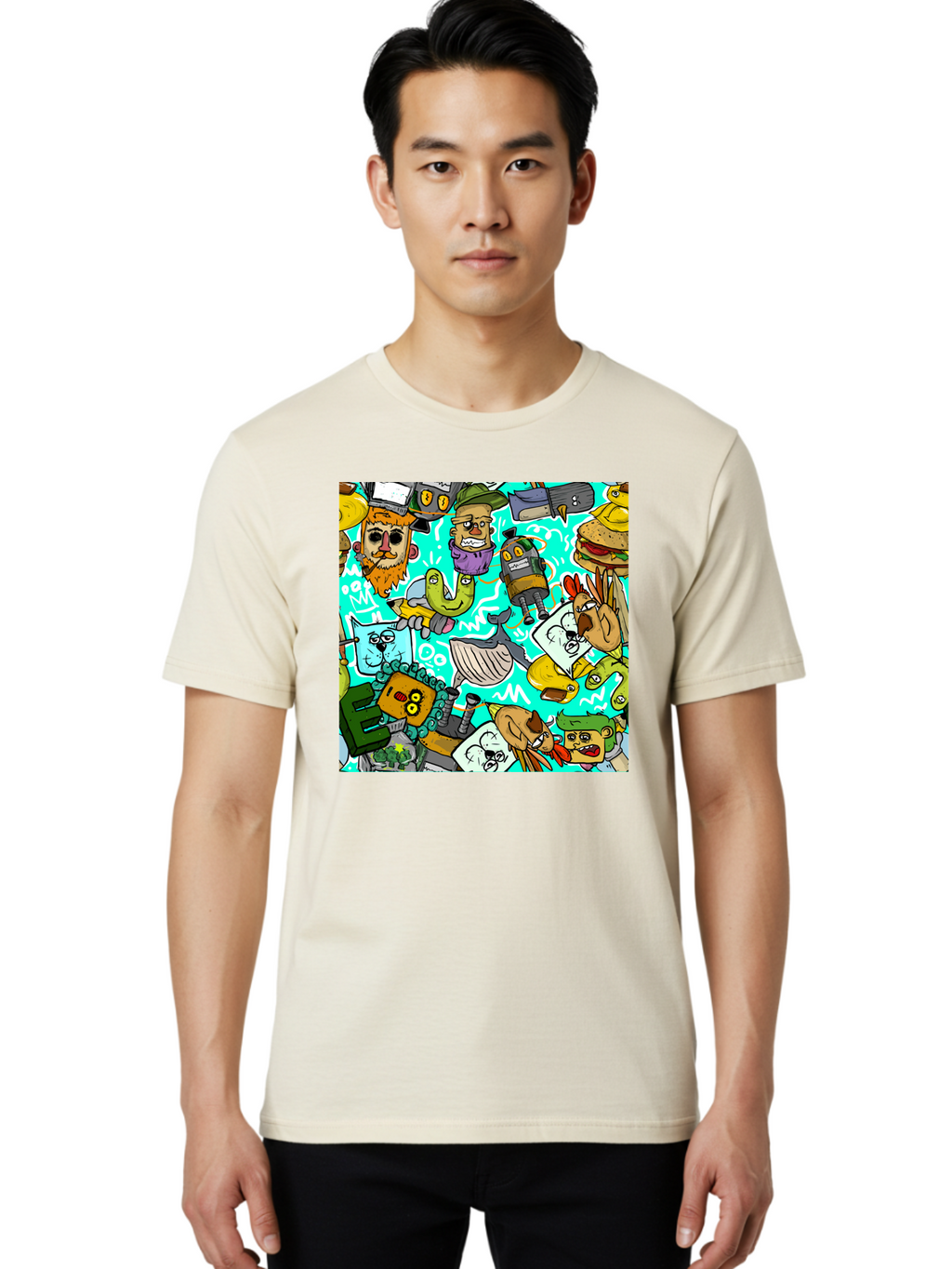 Cartoon-Characters Men'S Graphic Tee, 100% Cotton, Comfortable Casual Summer Wear, Machine Washable, Cartoon Robots, Doodle Art, Animal Characters, Quirky Illustrations, Robots And Animals Together, Digital Art, Eclectic, Creative, Aac380