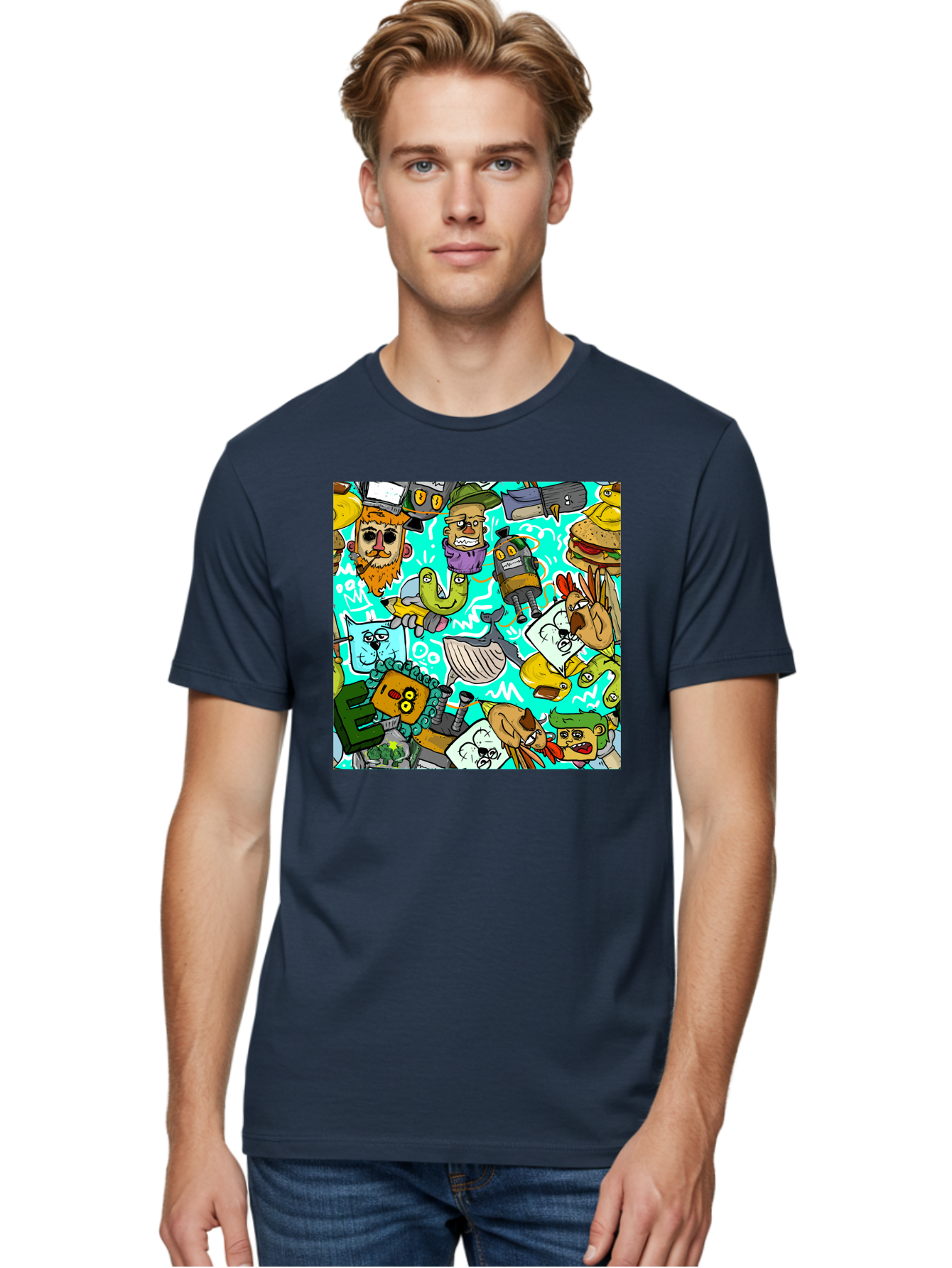 Cartoon-Characters Men'S Graphic Tee, 100% Cotton, Comfortable Casual Summer Wear, Machine Washable, Cartoon Robots, Doodle Art, Animal Characters, Quirky Illustrations, Robots And Animals Together, Digital Art, Eclectic, Creative, Aac380
