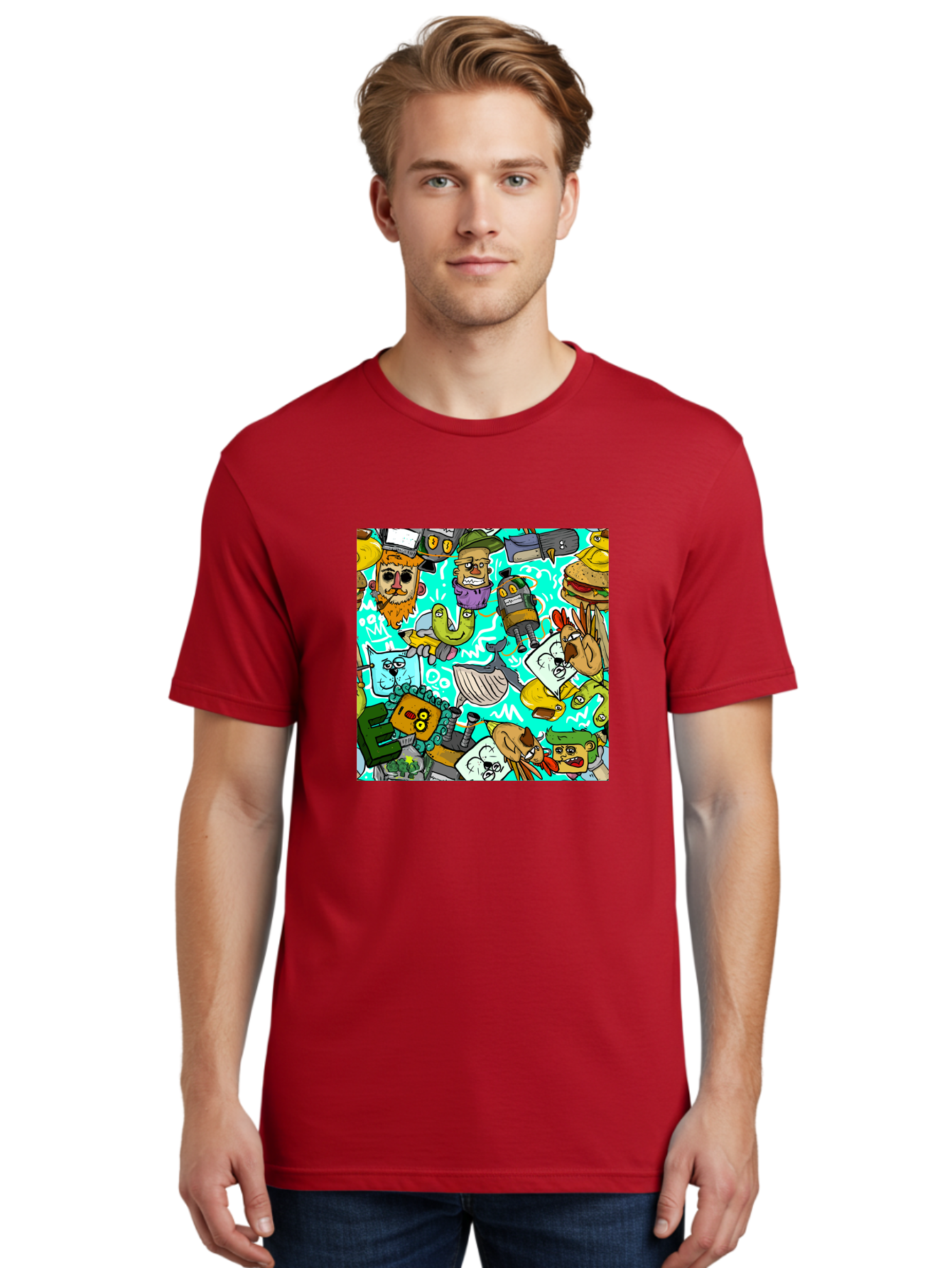 Cartoon-Characters Men'S Graphic Tee, 100% Cotton, Comfortable Casual Summer Wear, Machine Washable, Cartoon Robots, Doodle Art, Animal Characters, Quirky Illustrations, Robots And Animals Together, Digital Art, Eclectic, Creative, Aac380