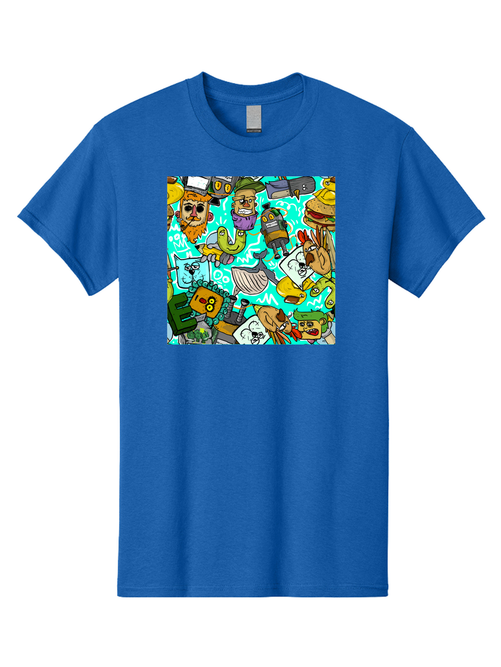 Cartoon-Characters Men'S Graphic Tee, 100% Cotton, Comfortable Casual Summer Wear, Machine Washable, Cartoon Robots, Doodle Art, Animal Characters, Quirky Illustrations, Robots And Animals Together, Digital Art, Eclectic, Creative, Aac380