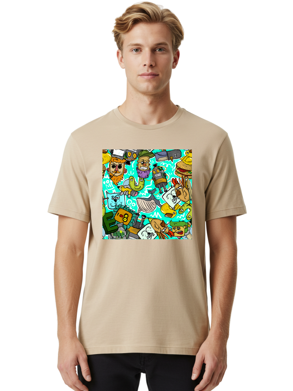 Cartoon-Characters Men'S Graphic Tee, 100% Cotton, Comfortable Casual Summer Wear, Machine Washable, Cartoon Robots, Doodle Art, Animal Characters, Quirky Illustrations, Robots And Animals Together, Digital Art, Eclectic, Creative, Aac380