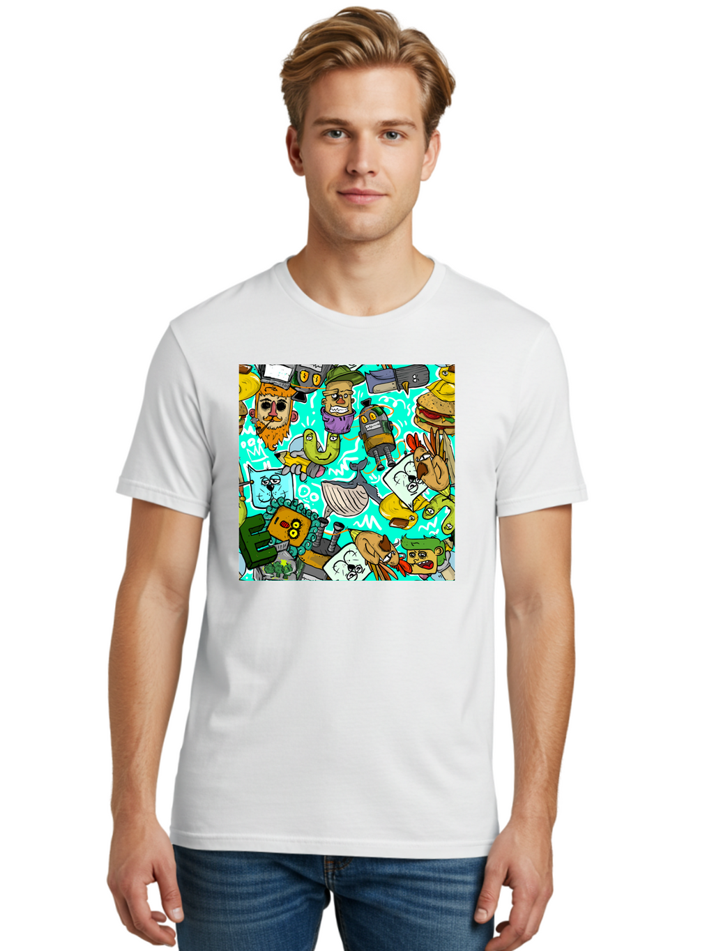 Cartoon-Characters Men'S Graphic Tee, 100% Cotton, Comfortable Casual Summer Wear, Machine Washable, Cartoon Robots, Doodle Art, Animal Characters, Quirky Illustrations, Robots And Animals Together, Digital Art, Eclectic, Creative, Aac380