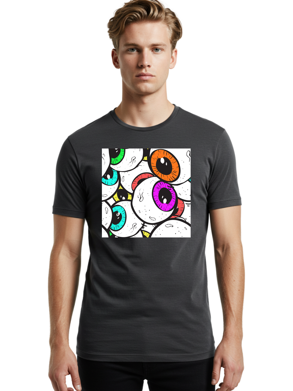 Cartoon-Eyes Men'S Graphic Tee, 100% Cotton, Comfortable Casual Summer Wear, Machine Washable, Cartoon Eyes, Vibrant Colors, Colorful Irises, Eyeballs, Illustration Art, Quirky Design, Playful Graphics, Eye-Catching Visuals, Modern Graphics, Aac381
