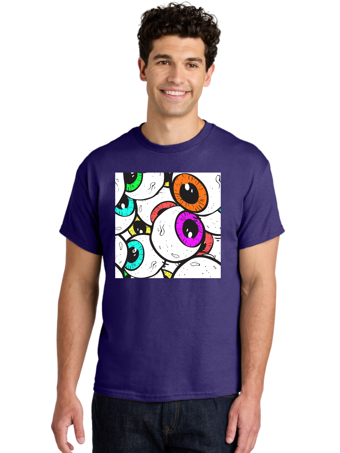 Cartoon-Eyes Men'S Graphic Tee, 100% Cotton, Comfortable Casual Summer Wear, Machine Washable, Cartoon Eyes, Vibrant Colors, Colorful Irises, Eyeballs, Illustration Art, Quirky Design, Playful Graphics, Eye-Catching Visuals, Modern Graphics, Aac381