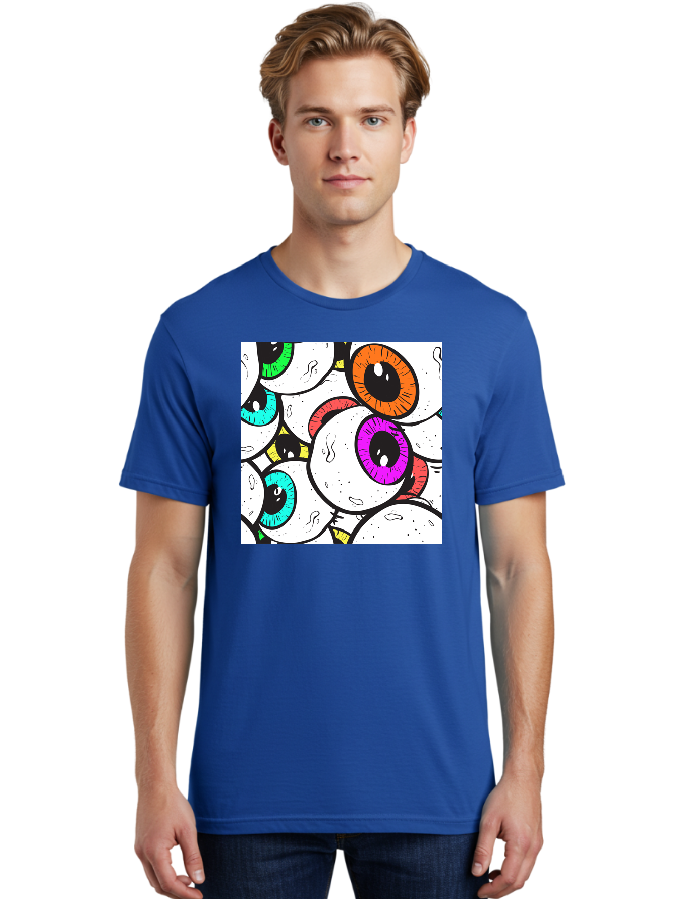Cartoon-Eyes Men'S Graphic Tee, 100% Cotton, Comfortable Casual Summer Wear, Machine Washable, Cartoon Eyes, Vibrant Colors, Colorful Irises, Eyeballs, Illustration Art, Quirky Design, Playful Graphics, Eye-Catching Visuals, Modern Graphics, Aac381