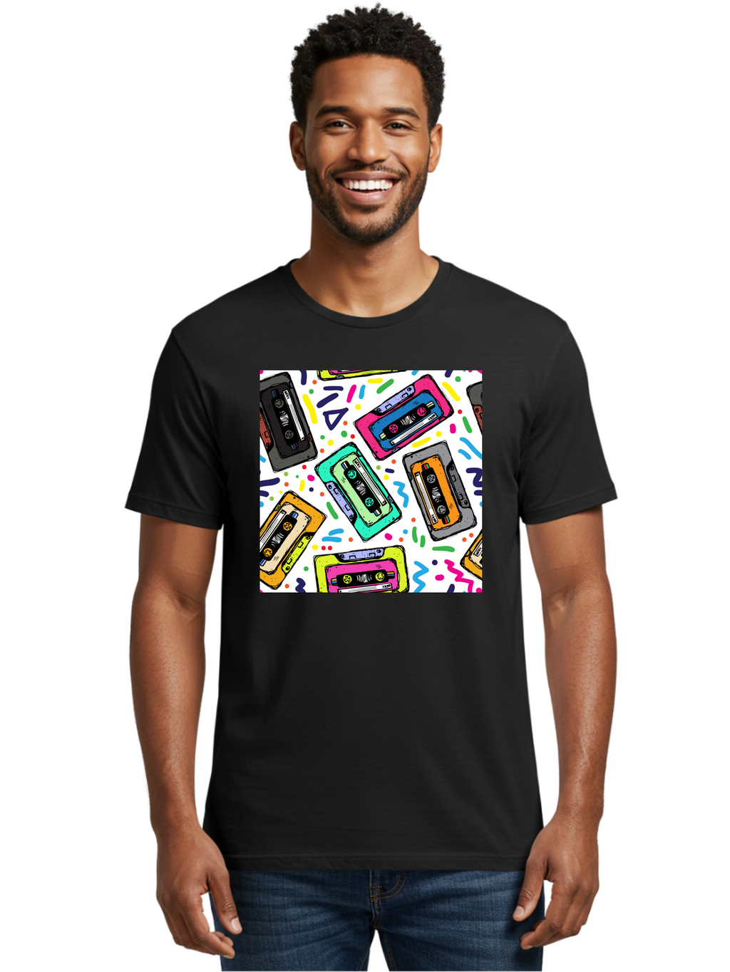Cassette-Tapes-Pattern Men'S Graphic Tee, 100% Cotton, Comfortable Casual Summer Wear, Machine Washable, Retro Cassette Tapes, Vintage Music, Colorful Design, Nostalgic Feel, Playful Patterns, 80S And 90S Nostalgia, Music Lover Gift Aac382