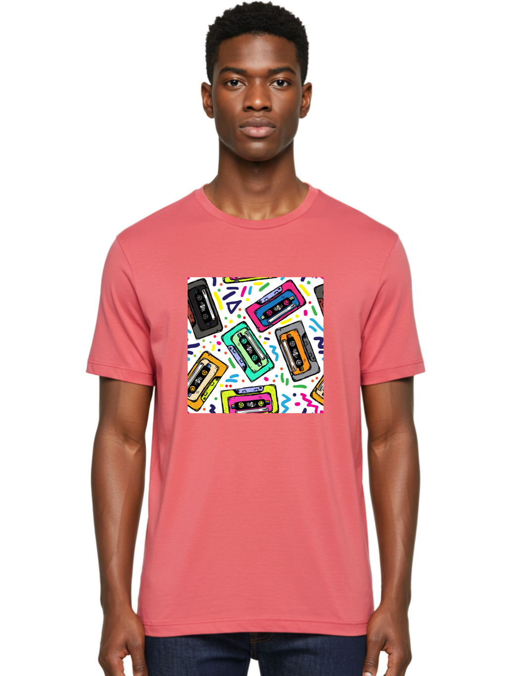 Cassette-Tapes-Pattern Men'S Graphic Tee, 100% Cotton, Comfortable Casual Summer Wear, Machine Washable, Retro Cassette Tapes, Vintage Music, Colorful Design, Nostalgic Feel, Playful Patterns, 80S And 90S Nostalgia, Music Lover Gift Aac382