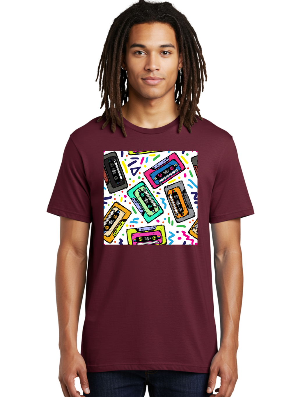 Cassette-Tapes-Pattern Men'S Graphic Tee, 100% Cotton, Comfortable Casual Summer Wear, Machine Washable, Retro Cassette Tapes, Vintage Music, Colorful Design, Nostalgic Feel, Playful Patterns, 80S And 90S Nostalgia, Music Lover Gift Aac382