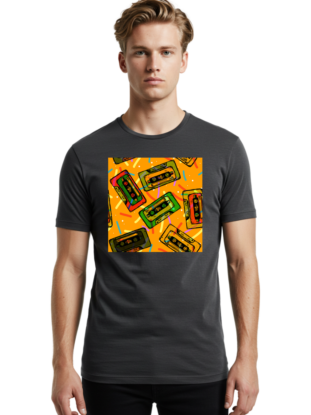 Cassette-Tapes Men'S Graphic Tee, 100% Cotton, Comfortable Casual Summer Wear, Machine Washable, Retro Cassette Tapes, Vintage Music, Colorful Illustration, Nostalgic Tech, 80S And 90S Memorabilia, Mix Tape Culture, Music Nostalgia, Aac383