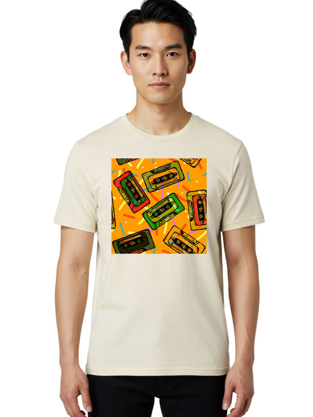 Cassette-Tapes Men'S Graphic Tee, 100% Cotton, Comfortable Casual Summer Wear, Machine Washable, Retro Cassette Tapes, Vintage Music, Colorful Illustration, Nostalgic Tech, 80S And 90S Memorabilia, Mix Tape Culture, Music Nostalgia, Aac383