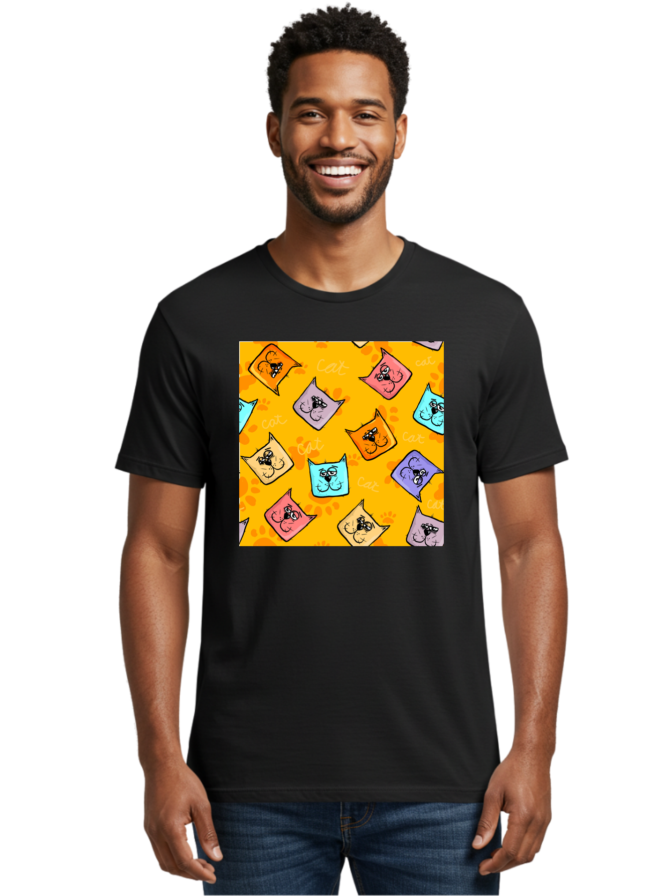 Cat-Pattern Men'S Graphic Tee, 100% Cotton, Comfortable Casual Summer Wear, Machine Washable, Cartoon Cats, Pastel Colors, Cat Faces, Playful Pattern, Cute Animals, Whimsical Design, Feline Friends, Adorable Illustrations, Fun Graphics, Aac384