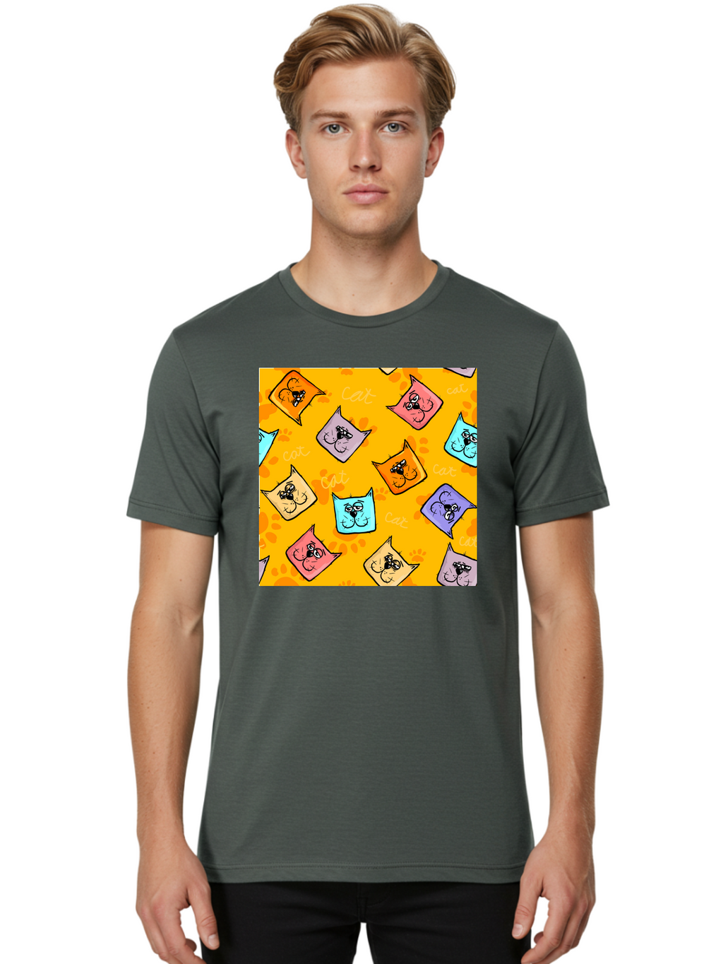 Cat-Pattern Men'S Graphic Tee, 100% Cotton, Comfortable Casual Summer Wear, Machine Washable, Cartoon Cats, Pastel Colors, Cat Faces, Playful Pattern, Cute Animals, Whimsical Design, Feline Friends, Adorable Illustrations, Fun Graphics, Aac384