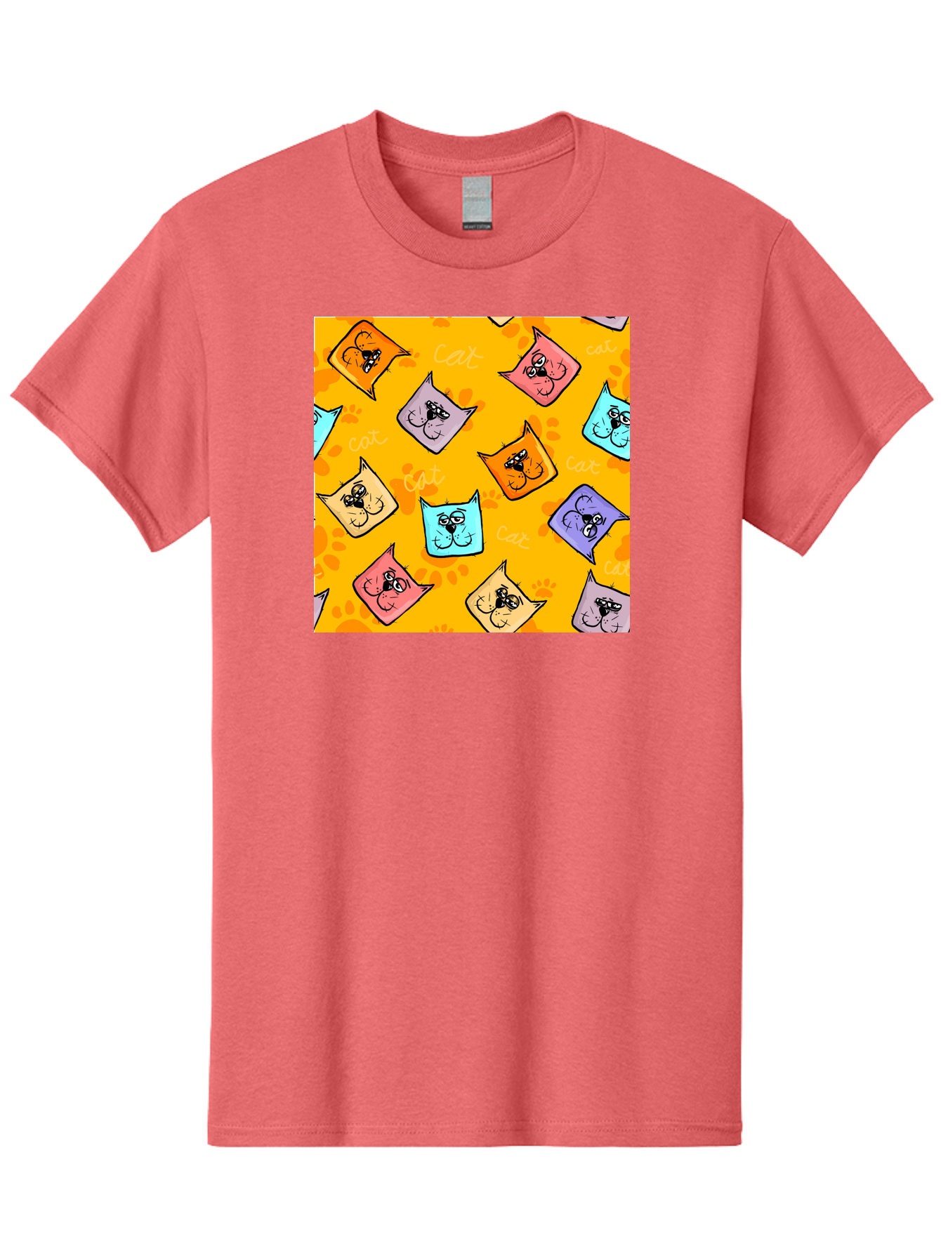 Cat-Pattern Men'S Graphic Tee, 100% Cotton, Comfortable Casual Summer Wear, Machine Washable, Cartoon Cats, Pastel Colors, Cat Faces, Playful Pattern, Cute Animals, Whimsical Design, Feline Friends, Adorable Illustrations, Fun Graphics, Aac384