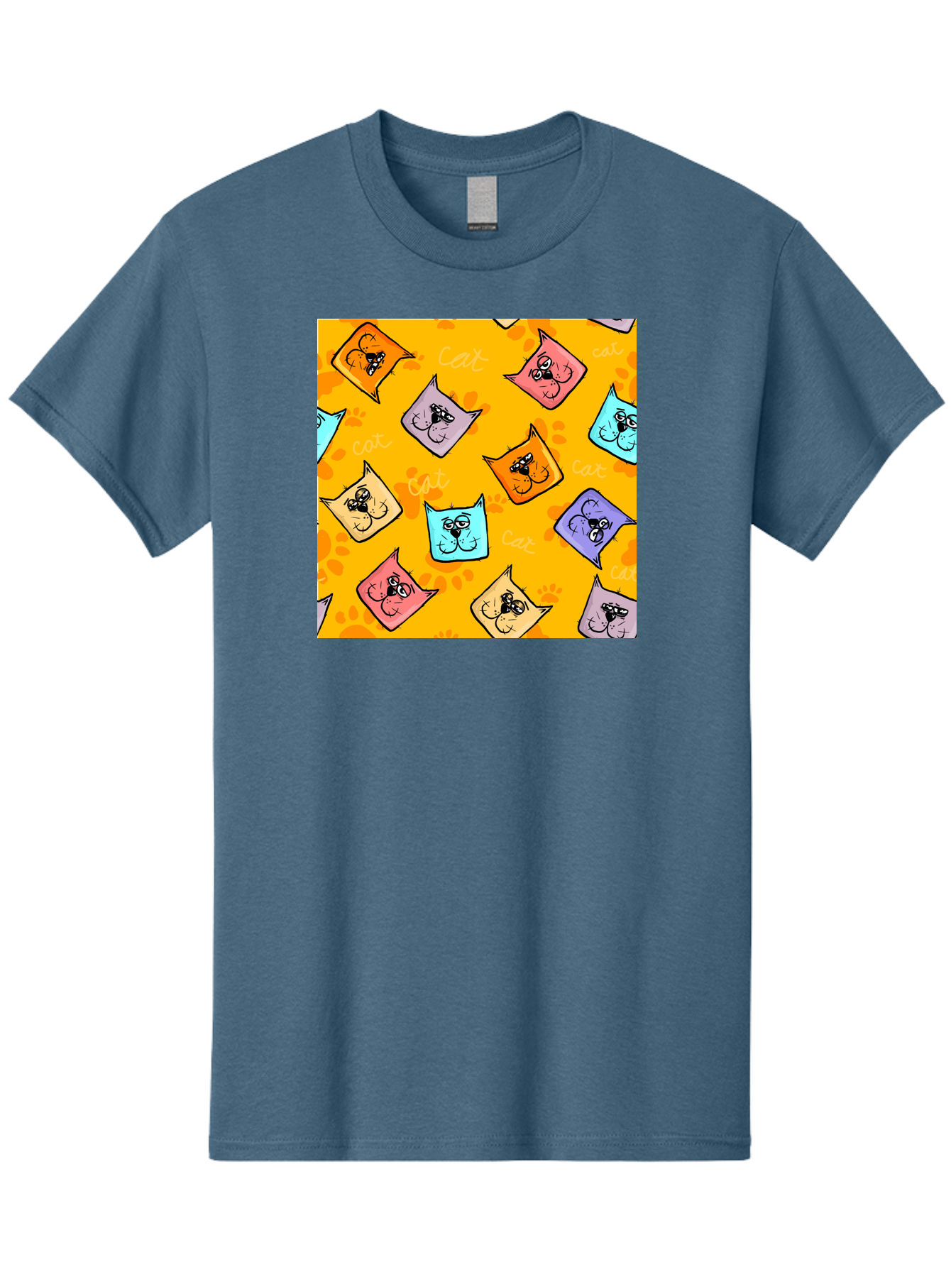 Cat-Pattern Men'S Graphic Tee, 100% Cotton, Comfortable Casual Summer Wear, Machine Washable, Cartoon Cats, Pastel Colors, Cat Faces, Playful Pattern, Cute Animals, Whimsical Design, Feline Friends, Adorable Illustrations, Fun Graphics, Aac384