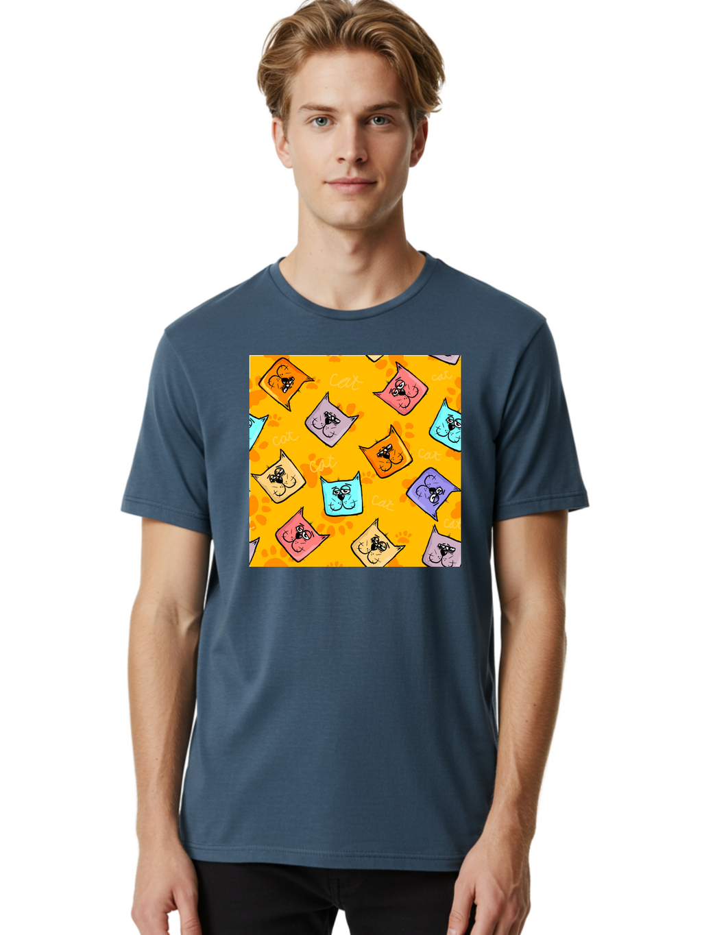 Cat-Pattern Men'S Graphic Tee, 100% Cotton, Comfortable Casual Summer Wear, Machine Washable, Cartoon Cats, Pastel Colors, Cat Faces, Playful Pattern, Cute Animals, Whimsical Design, Feline Friends, Adorable Illustrations, Fun Graphics, Aac384