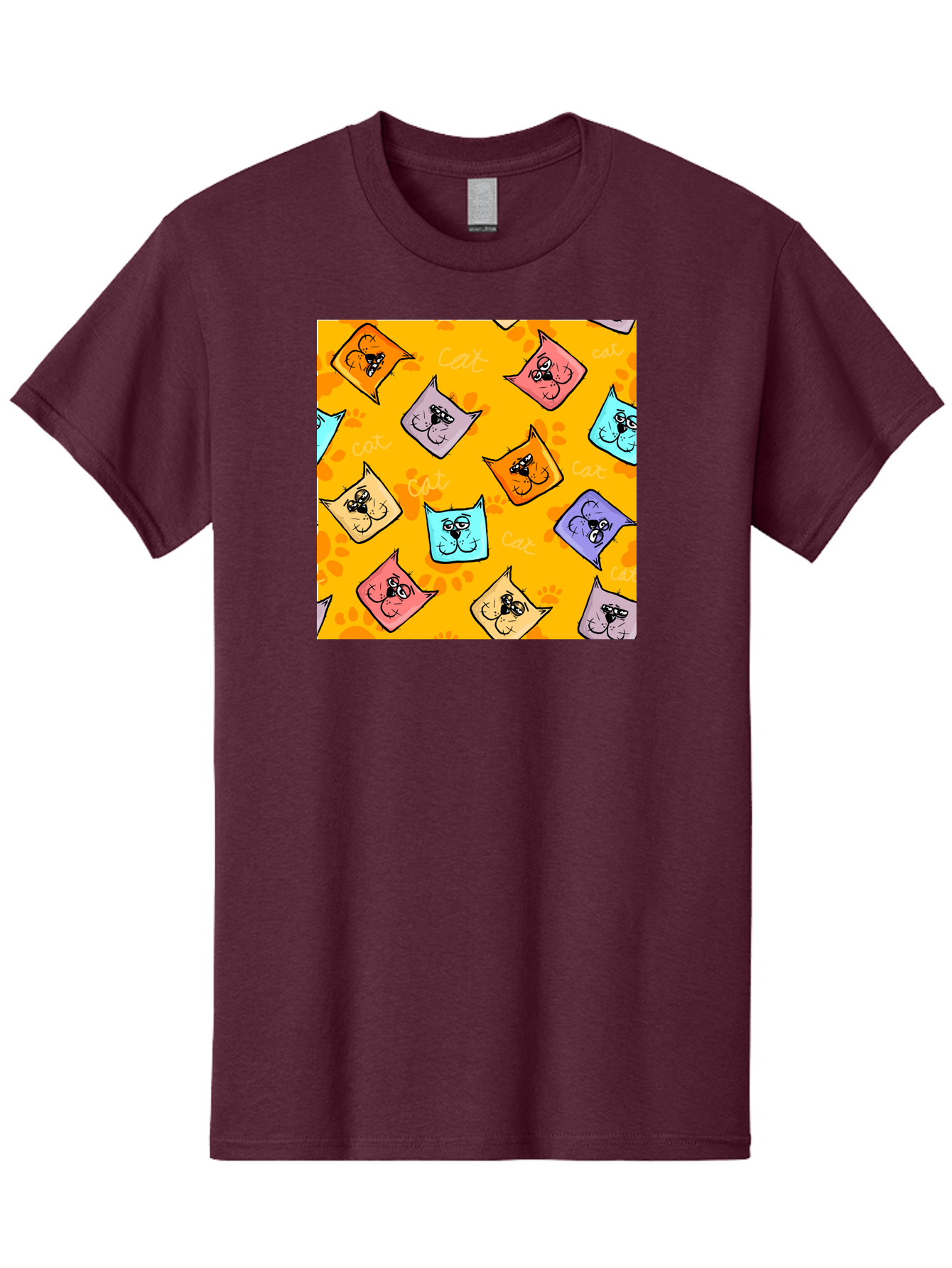 Cat-Pattern Men'S Graphic Tee, 100% Cotton, Comfortable Casual Summer Wear, Machine Washable, Cartoon Cats, Pastel Colors, Cat Faces, Playful Pattern, Cute Animals, Whimsical Design, Feline Friends, Adorable Illustrations, Fun Graphics, Aac384