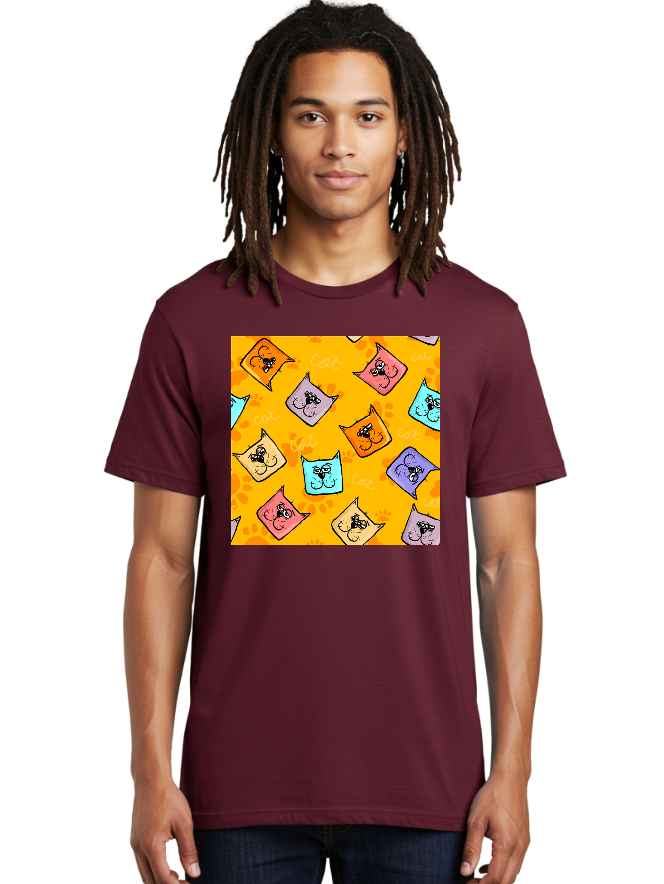 Cat-Pattern Men'S Graphic Tee, 100% Cotton, Comfortable Casual Summer Wear, Machine Washable, Cartoon Cats, Pastel Colors, Cat Faces, Playful Pattern, Cute Animals, Whimsical Design, Feline Friends, Adorable Illustrations, Fun Graphics, Aac384