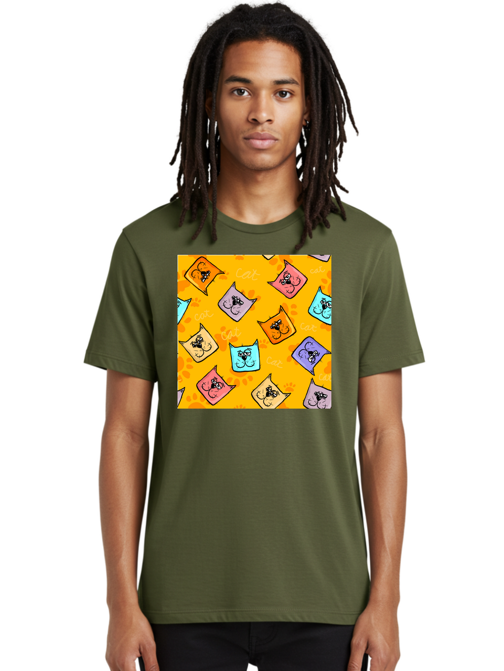 Cat-Pattern Men'S Graphic Tee, 100% Cotton, Comfortable Casual Summer Wear, Machine Washable, Cartoon Cats, Pastel Colors, Cat Faces, Playful Pattern, Cute Animals, Whimsical Design, Feline Friends, Adorable Illustrations, Fun Graphics, Aac384