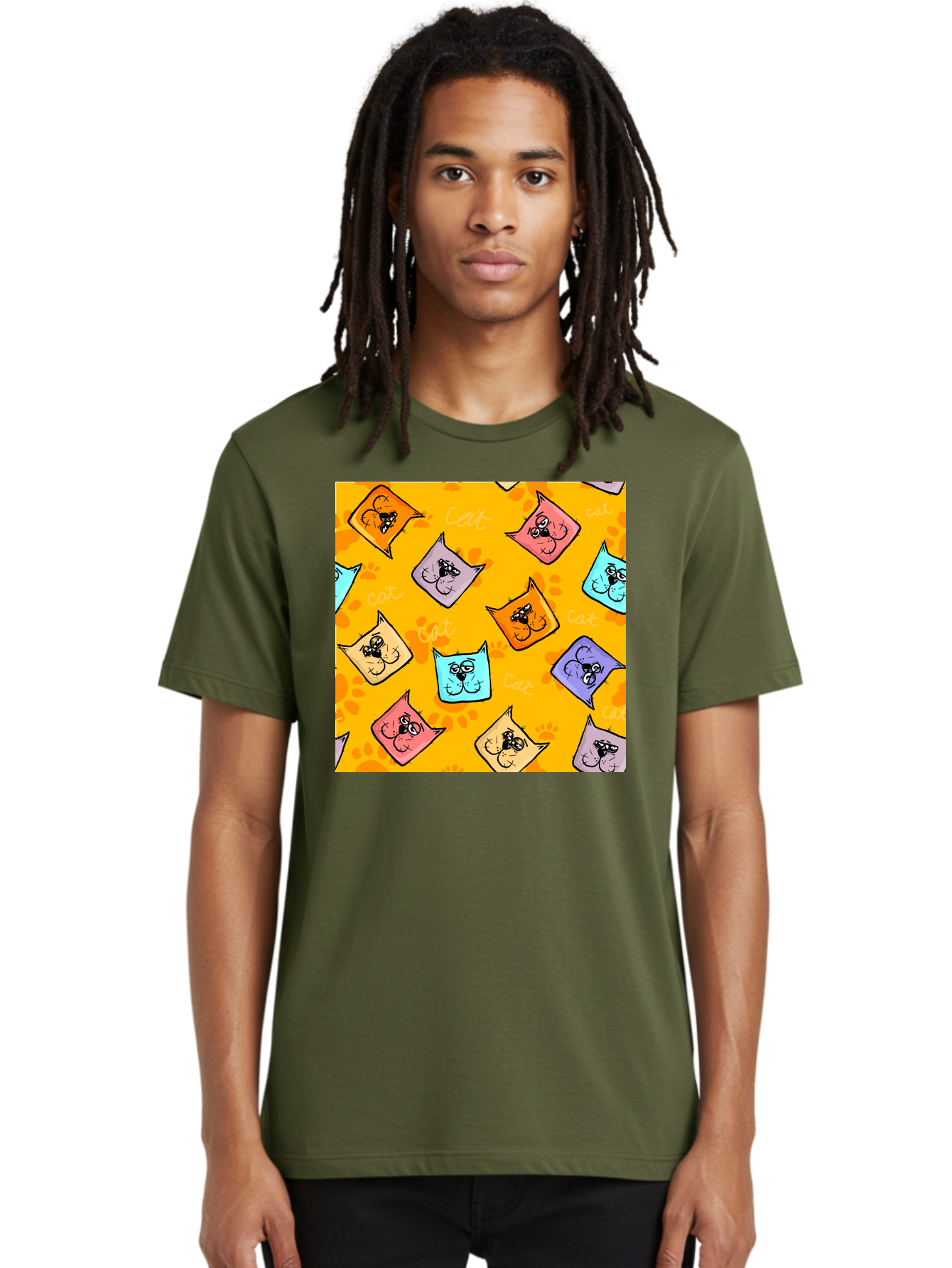 Cat-Pattern Men'S Graphic Tee, 100% Cotton, Comfortable Casual Summer Wear, Machine Washable, Cartoon Cats, Pastel Colors, Cat Faces, Playful Pattern, Cute Animals, Whimsical Design, Feline Friends, Adorable Illustrations, Fun Graphics, Aac384