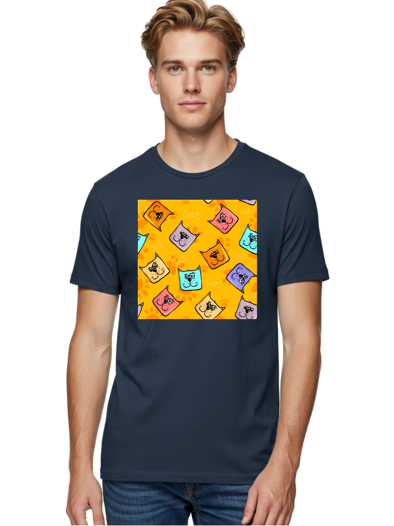 Cat-Pattern Men'S Graphic Tee, 100% Cotton, Comfortable Casual Summer Wear, Machine Washable, Cartoon Cats, Pastel Colors, Cat Faces, Playful Pattern, Cute Animals, Whimsical Design, Feline Friends, Adorable Illustrations, Fun Graphics, Aac384
