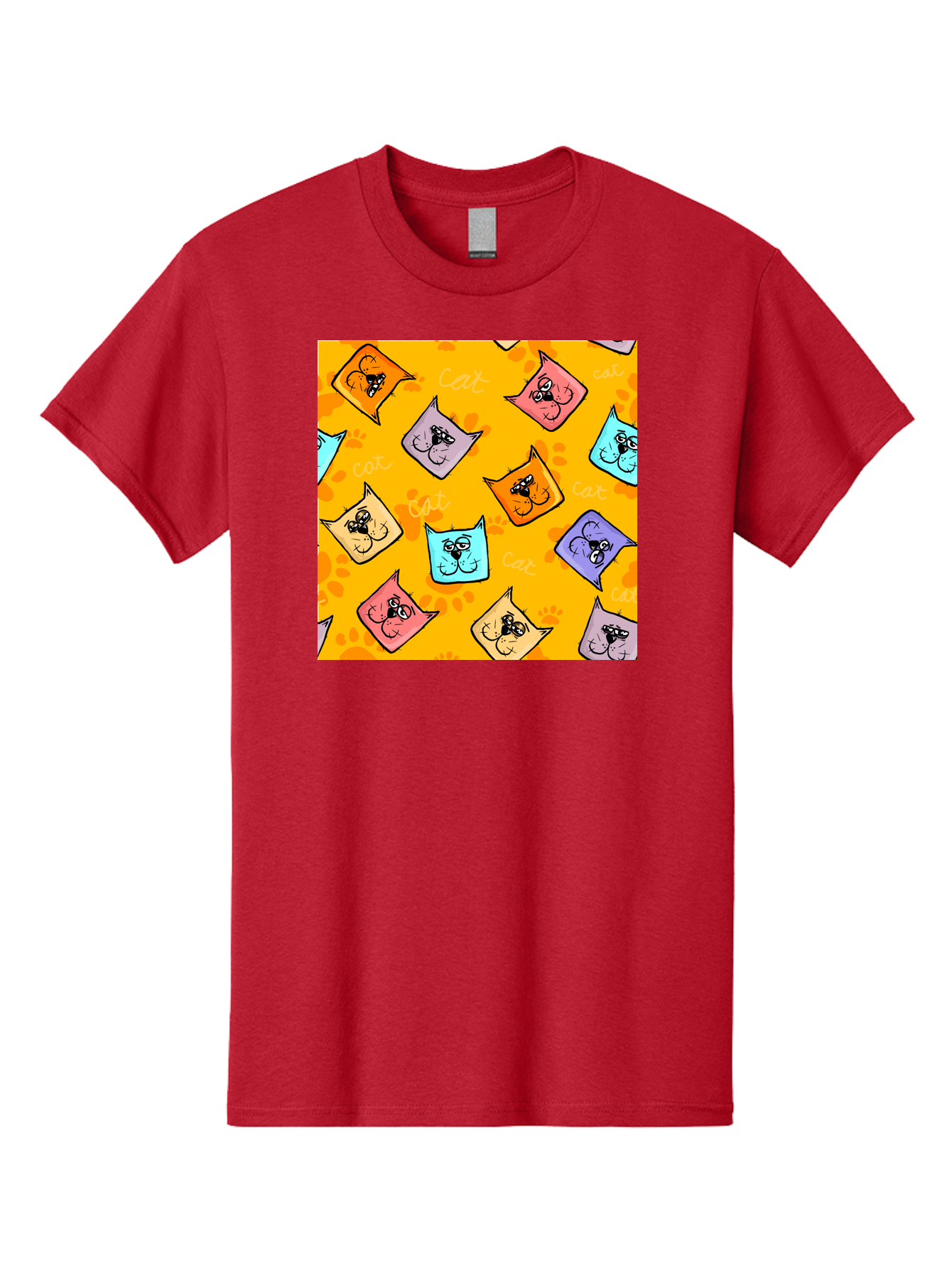 Cat-Pattern Men'S Graphic Tee, 100% Cotton, Comfortable Casual Summer Wear, Machine Washable, Cartoon Cats, Pastel Colors, Cat Faces, Playful Pattern, Cute Animals, Whimsical Design, Feline Friends, Adorable Illustrations, Fun Graphics, Aac384