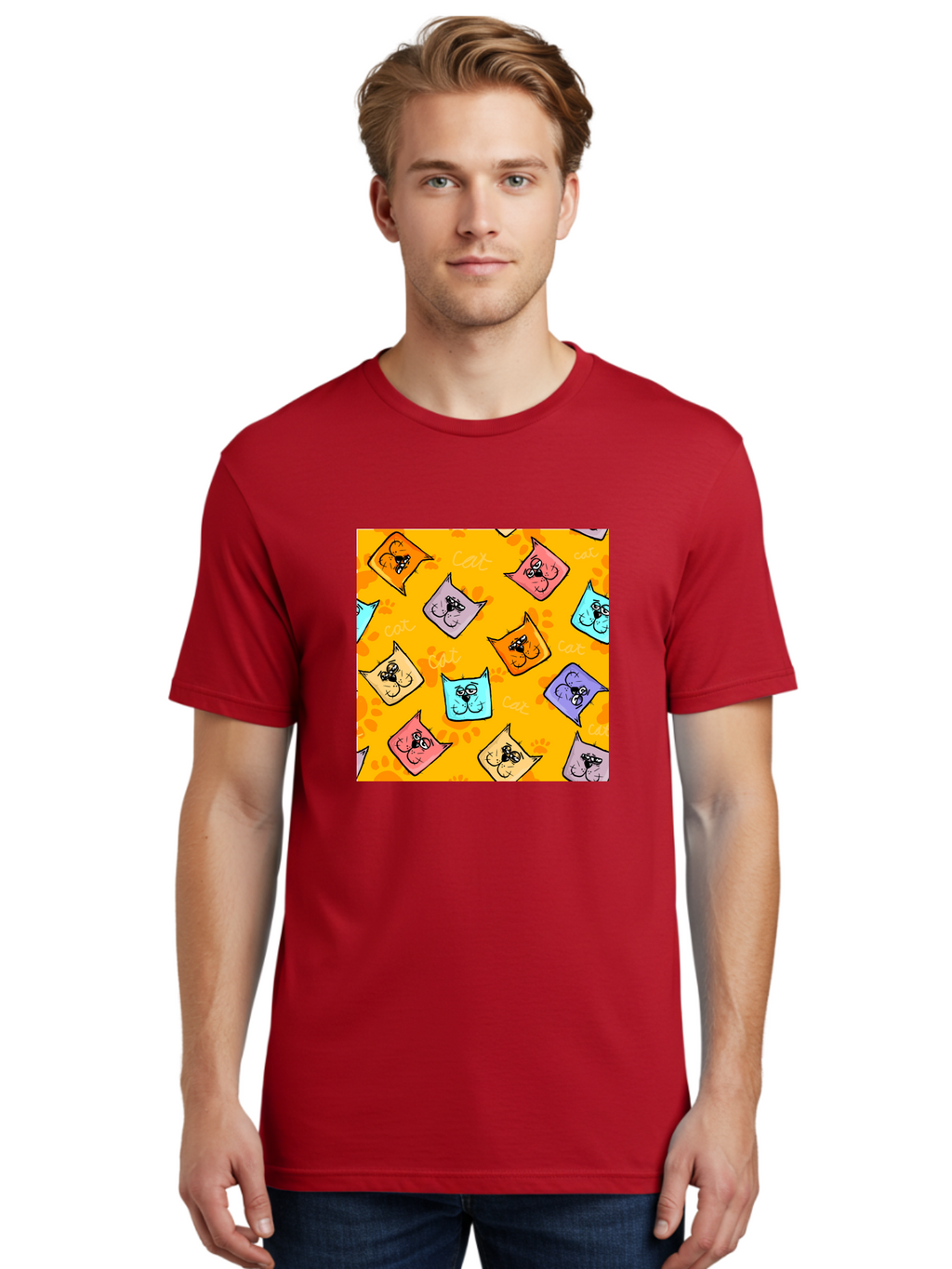 Cat-Pattern Men'S Graphic Tee, 100% Cotton, Comfortable Casual Summer Wear, Machine Washable, Cartoon Cats, Pastel Colors, Cat Faces, Playful Pattern, Cute Animals, Whimsical Design, Feline Friends, Adorable Illustrations, Fun Graphics, Aac384