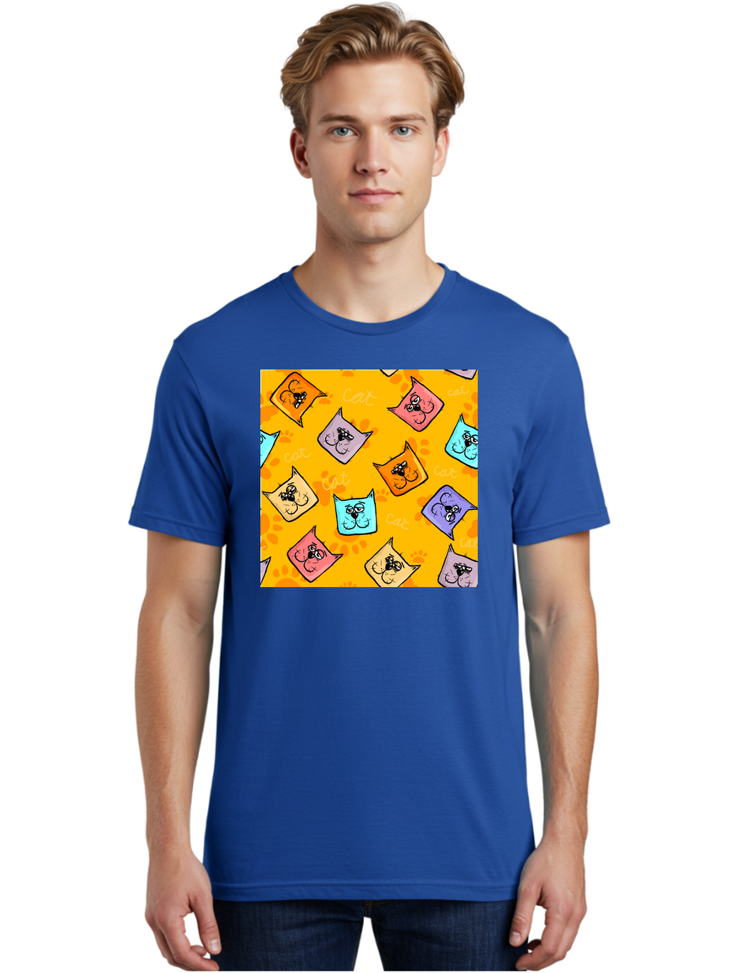 Cat-Pattern Men'S Graphic Tee, 100% Cotton, Comfortable Casual Summer Wear, Machine Washable, Cartoon Cats, Pastel Colors, Cat Faces, Playful Pattern, Cute Animals, Whimsical Design, Feline Friends, Adorable Illustrations, Fun Graphics, Aac384