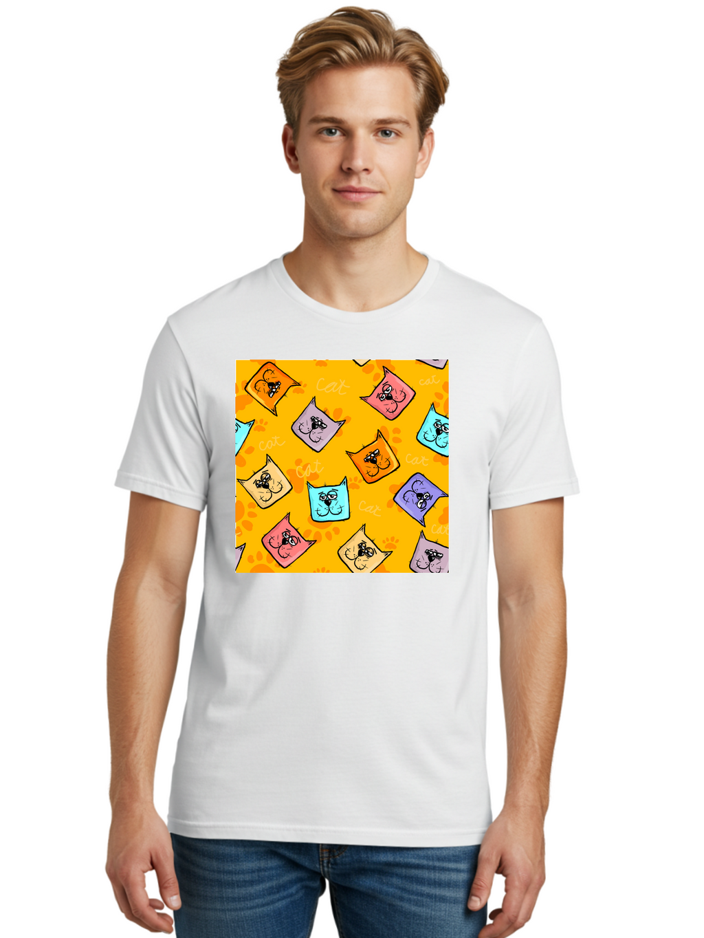 Cat-Pattern Men'S Graphic Tee, 100% Cotton, Comfortable Casual Summer Wear, Machine Washable, Cartoon Cats, Pastel Colors, Cat Faces, Playful Pattern, Cute Animals, Whimsical Design, Feline Friends, Adorable Illustrations, Fun Graphics, Aac384