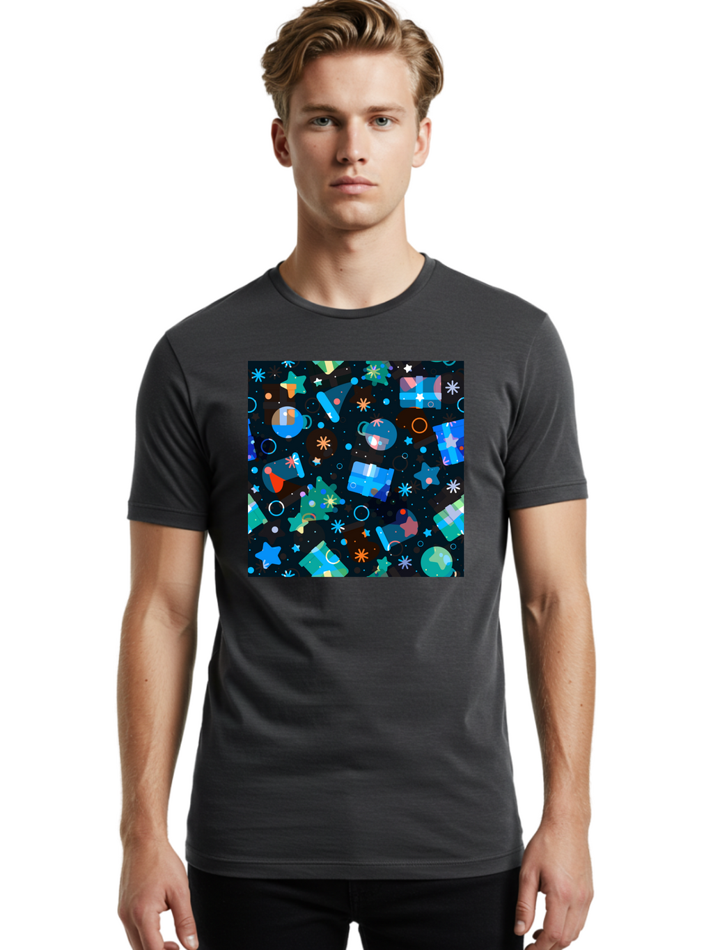 Christmas-Pattern Men'S Graphic Tee, 100% Cotton, Comfortable Casual Summer Wear, Machine Washable, Party Hats, Festive Decorations, Stars, Confetti, Balloons, Gift Boxes, Mug, Party Blowers, Celebratory Elements, Party Theme Aac385