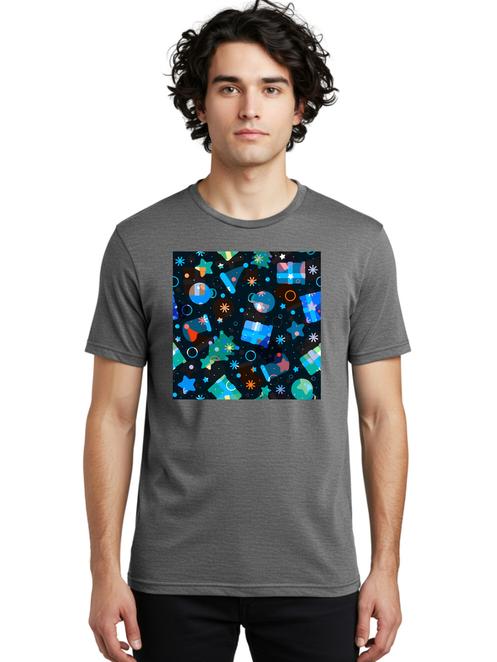 Christmas-Pattern Men'S Graphic Tee, 100% Cotton, Comfortable Casual Summer Wear, Machine Washable, Party Hats, Festive Decorations, Stars, Confetti, Balloons, Gift Boxes, Mug, Party Blowers, Celebratory Elements, Party Theme Aac385