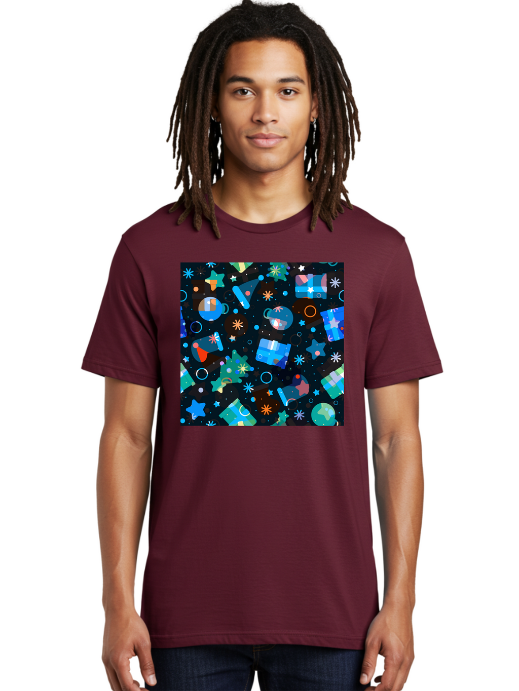 Christmas-Pattern Men'S Graphic Tee, 100% Cotton, Comfortable Casual Summer Wear, Machine Washable, Party Hats, Festive Decorations, Stars, Confetti, Balloons, Gift Boxes, Mug, Party Blowers, Celebratory Elements, Party Theme Aac385