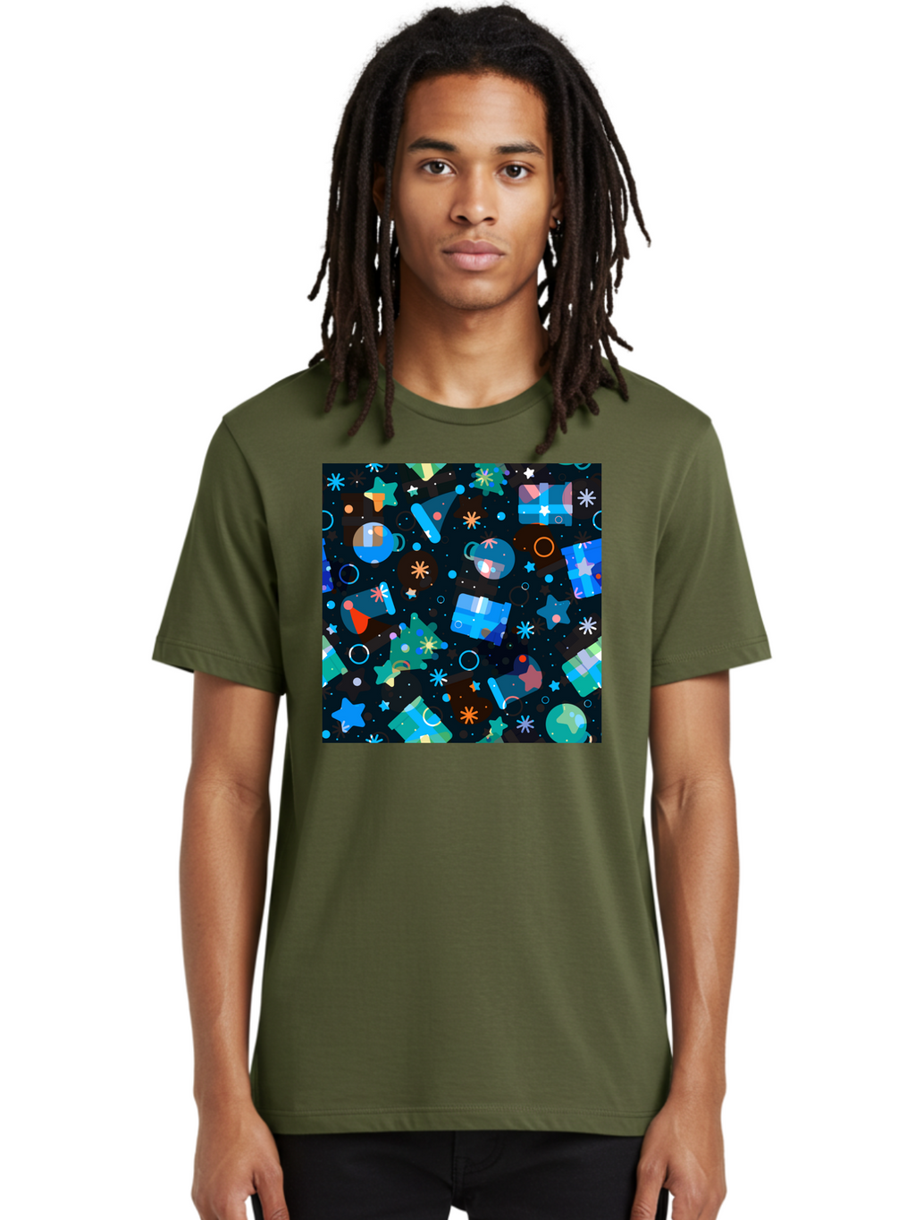Christmas-Pattern Men'S Graphic Tee, 100% Cotton, Comfortable Casual Summer Wear, Machine Washable, Party Hats, Festive Decorations, Stars, Confetti, Balloons, Gift Boxes, Mug, Party Blowers, Celebratory Elements, Party Theme Aac385