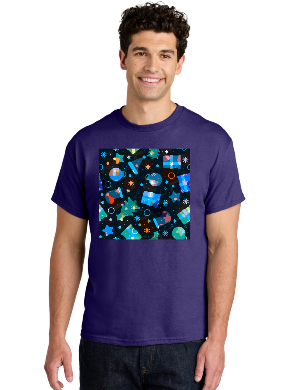 Christmas-Pattern Men'S Graphic Tee, 100% Cotton, Comfortable Casual Summer Wear, Machine Washable, Party Hats, Festive Decorations, Stars, Confetti, Balloons, Gift Boxes, Mug, Party Blowers, Celebratory Elements, Party Theme Aac385