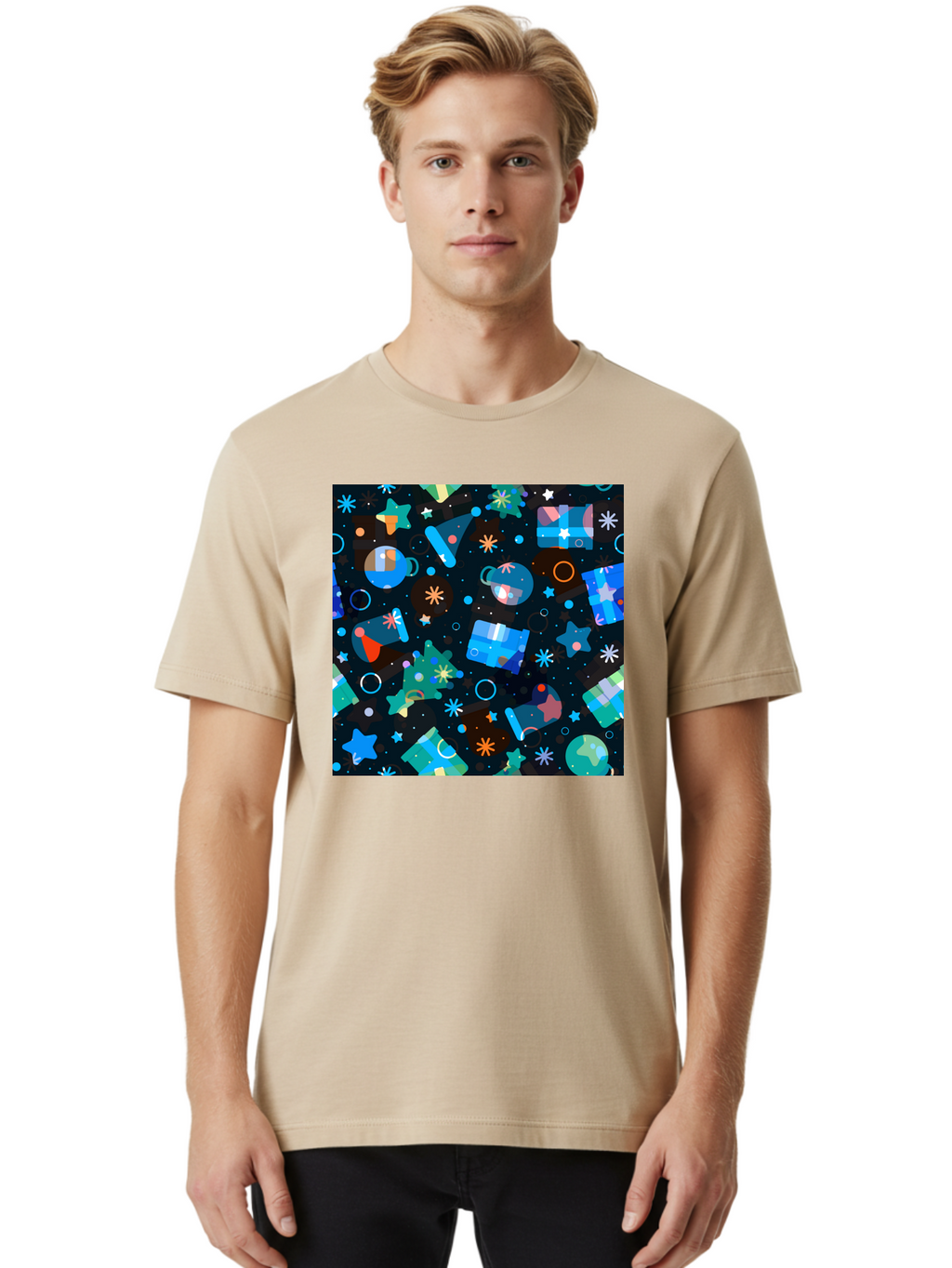 Christmas-Pattern Men'S Graphic Tee, 100% Cotton, Comfortable Casual Summer Wear, Machine Washable, Party Hats, Festive Decorations, Stars, Confetti, Balloons, Gift Boxes, Mug, Party Blowers, Celebratory Elements, Party Theme Aac385