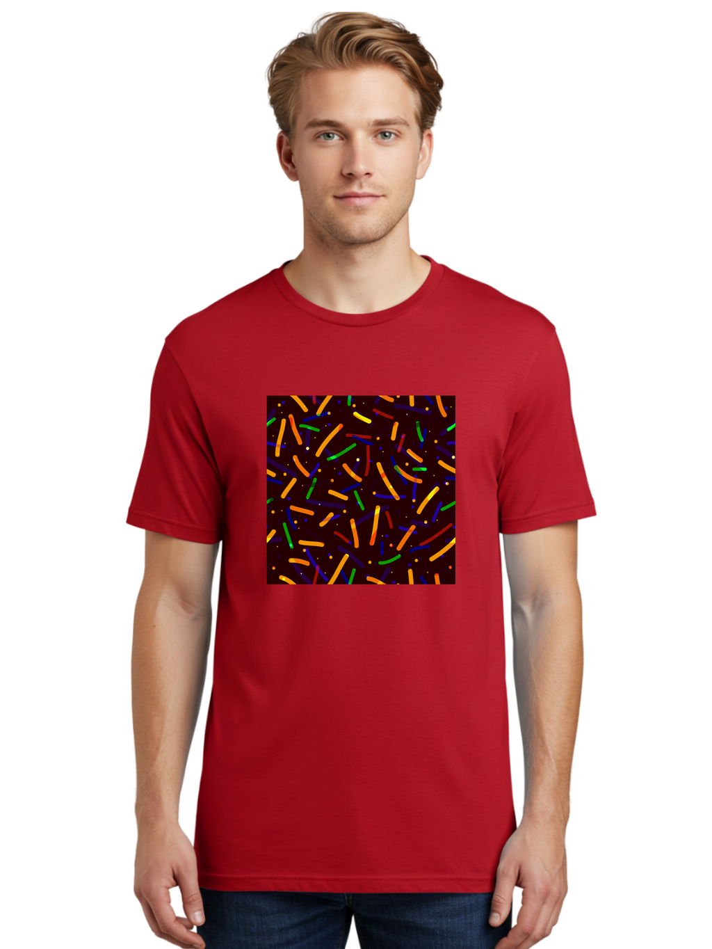 Colorful-Sprinkles Men'S Graphic Tee, 100% Cotton, Comfortable Casual Summer Wear, Machine Washable, Colorful Sprinkles, Confetti Pattern, Vibrant Colors, Festive Design, Celebratory Theme, Multicolored Decorations, Party Atmosphere, Aac387