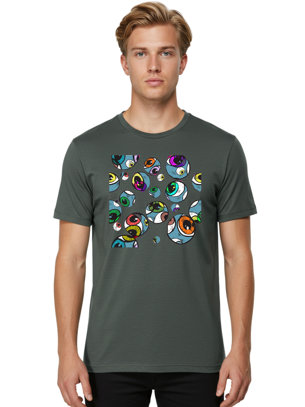 Eyes Men'S Graphic Tee, 100% Cotton, Comfortable Casual Summer Wear, Machine Washable, Cartoon Eyes, Colorful Eyes, Vibrant Eyed Pattern, Playful Illustration, Surreal Art, Whimsical Design, Multiple Eyes, Purple Background, Quirky Graphics, Aac388