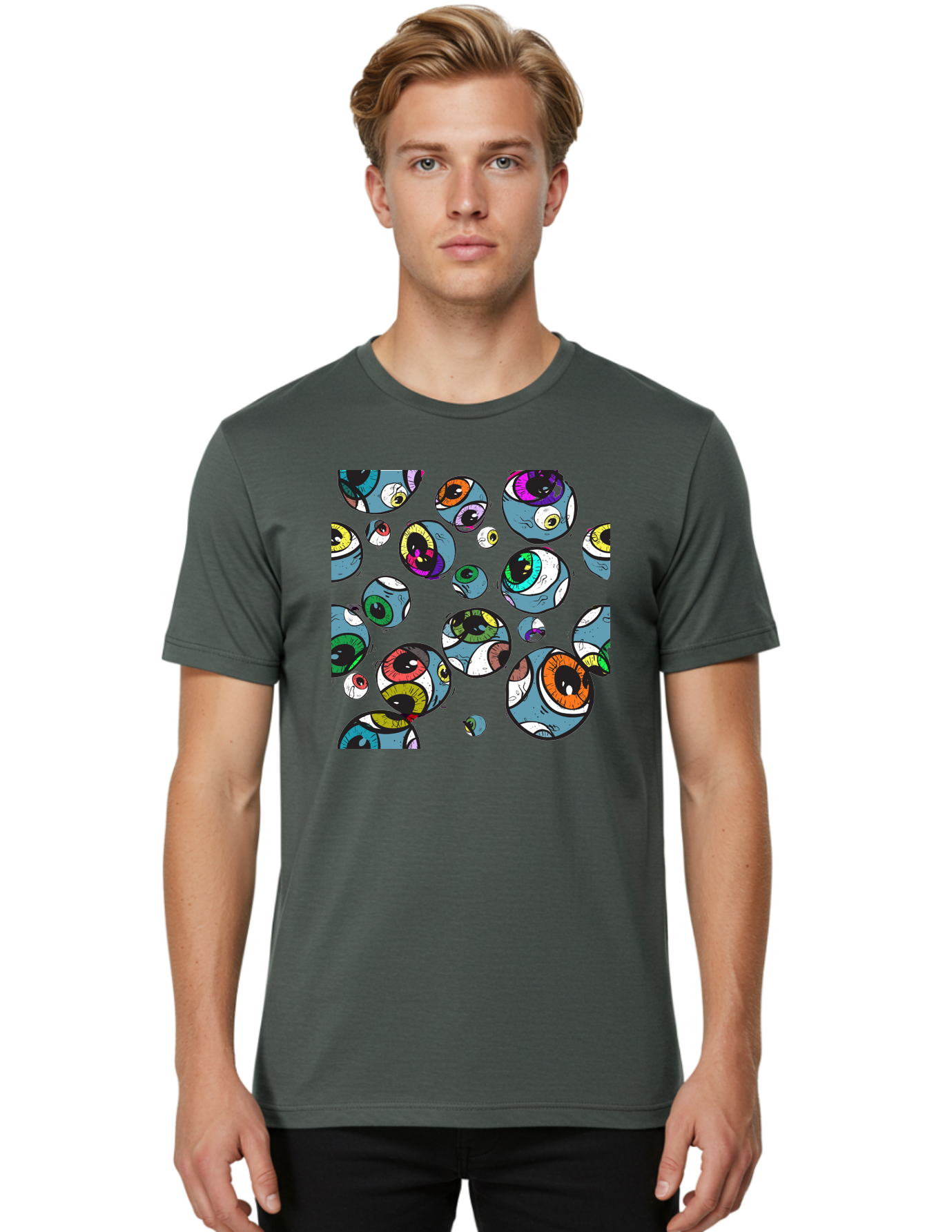 Eyes Men'S Graphic Tee, 100% Cotton, Comfortable Casual Summer Wear, Machine Washable, Cartoon Eyes, Colorful Eyes, Vibrant Eyed Pattern, Playful Illustration, Surreal Art, Whimsical Design, Multiple Eyes, Purple Background, Quirky Graphics, Aac388