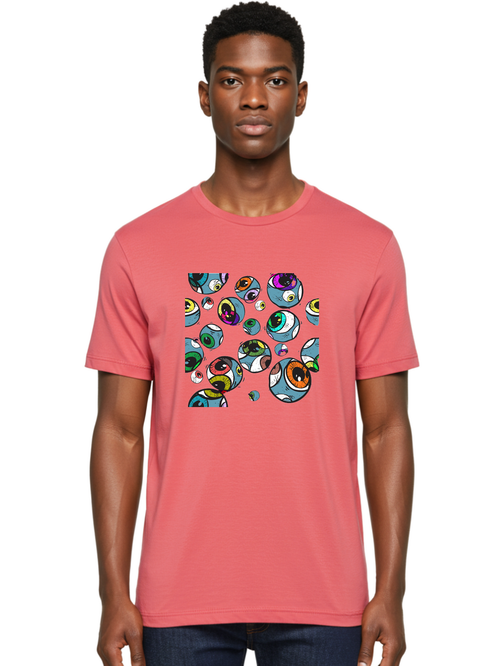 Eyes Men'S Graphic Tee, 100% Cotton, Comfortable Casual Summer Wear, Machine Washable, Cartoon Eyes, Colorful Eyes, Vibrant Eyed Pattern, Playful Illustration, Surreal Art, Whimsical Design, Multiple Eyes, Purple Background, Quirky Graphics, Aac388