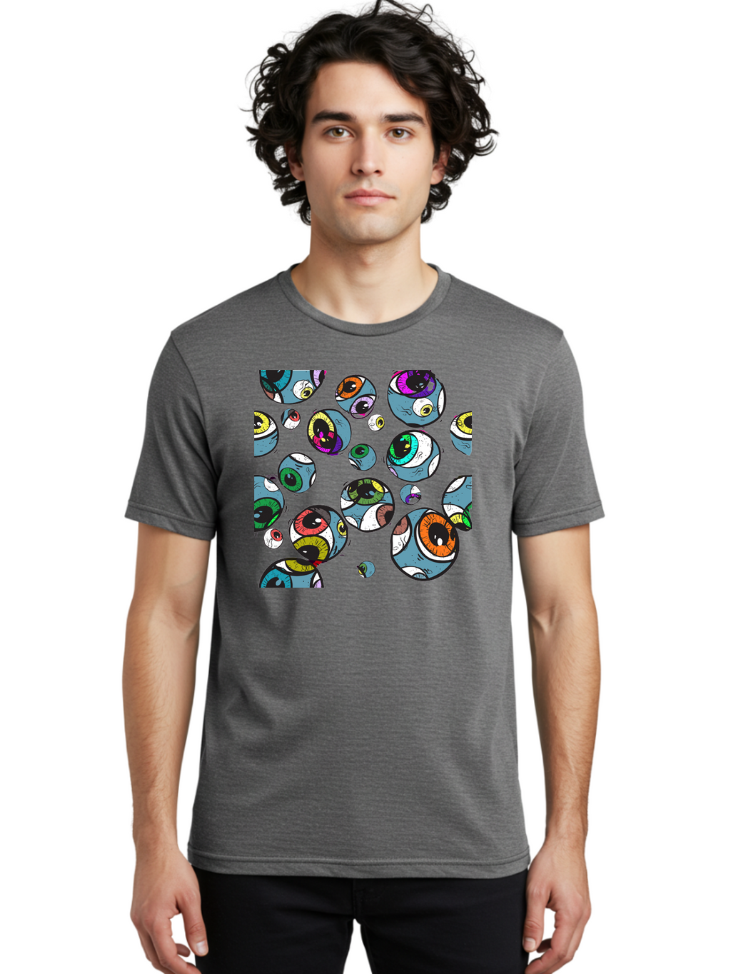 Eyes Men'S Graphic Tee, 100% Cotton, Comfortable Casual Summer Wear, Machine Washable, Cartoon Eyes, Colorful Eyes, Vibrant Eyed Pattern, Playful Illustration, Surreal Art, Whimsical Design, Multiple Eyes, Purple Background, Quirky Graphics, Aac388